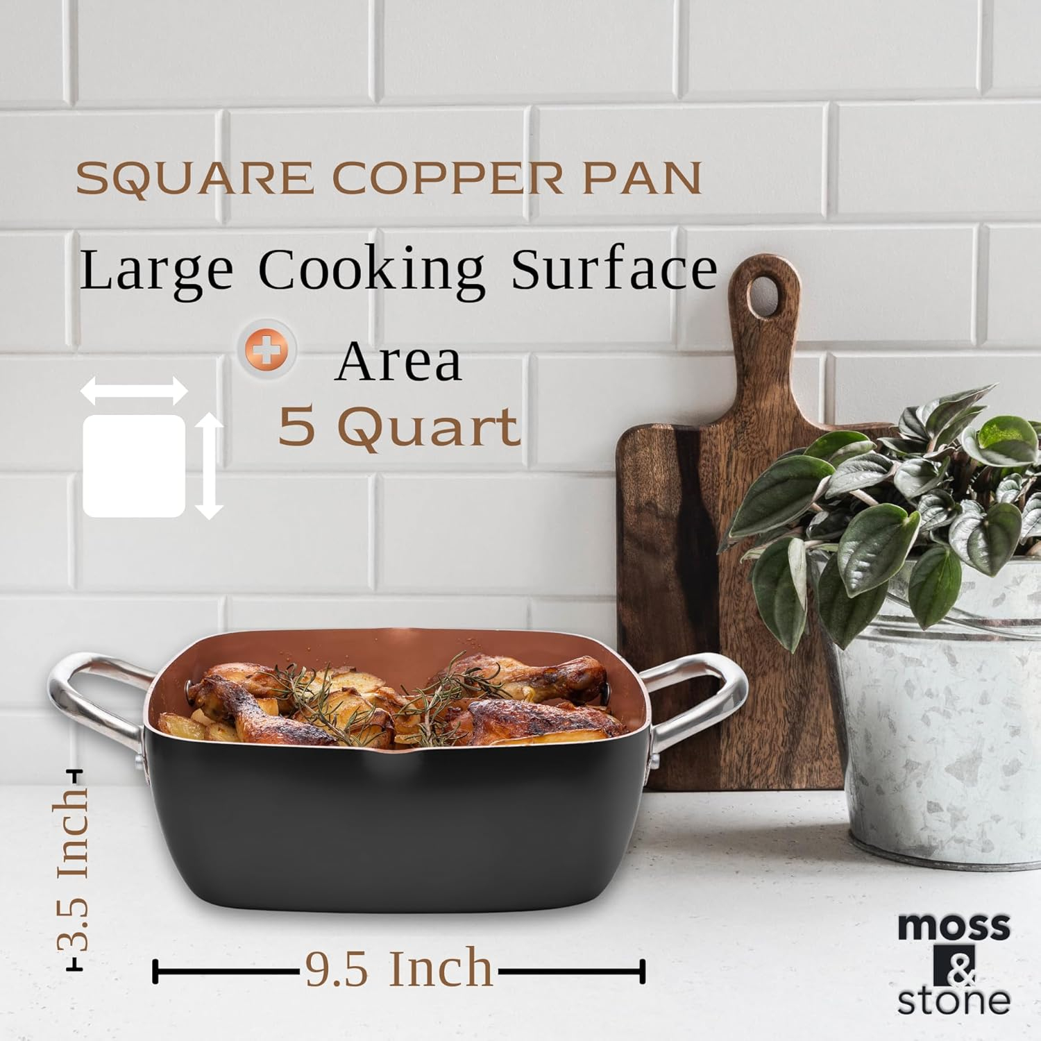 Moss & Stone Copper 5 Piece Set Chef Cookware, 9.5” Non Stick Pan, Deep Square Pan, Fry Basket, Steamer Tray, Dishwasher & Oven Safe, 5 Quart Copper Pot Set, Black Induction Cookware Set