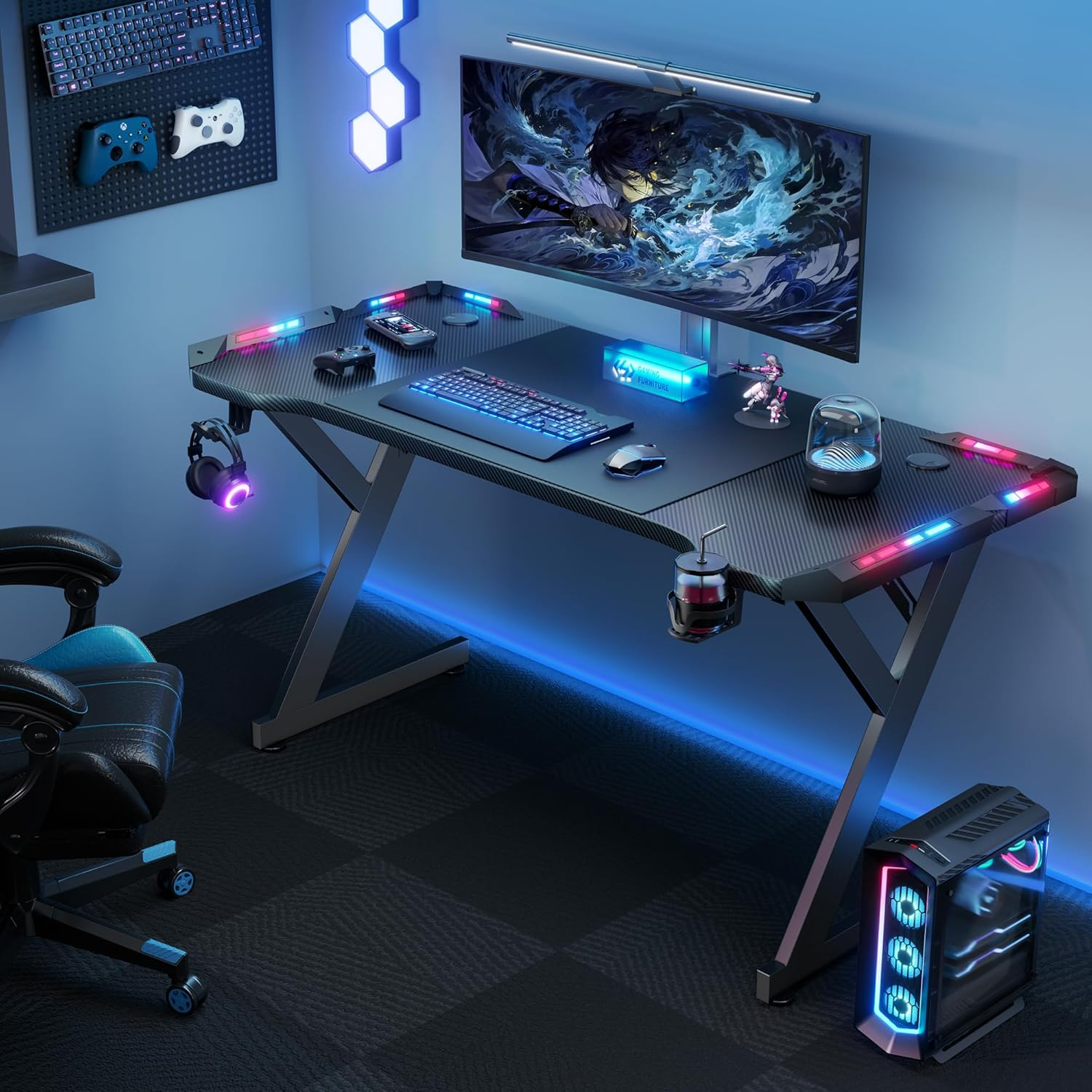 47 Inch Gaming Desk with LED Lights, Ergonomic Computer Gaming Table with Carbon Fibre Surface, Sturdy PC Workstation Desk for Home Office with Headphone Hook, Cup Holder, Black