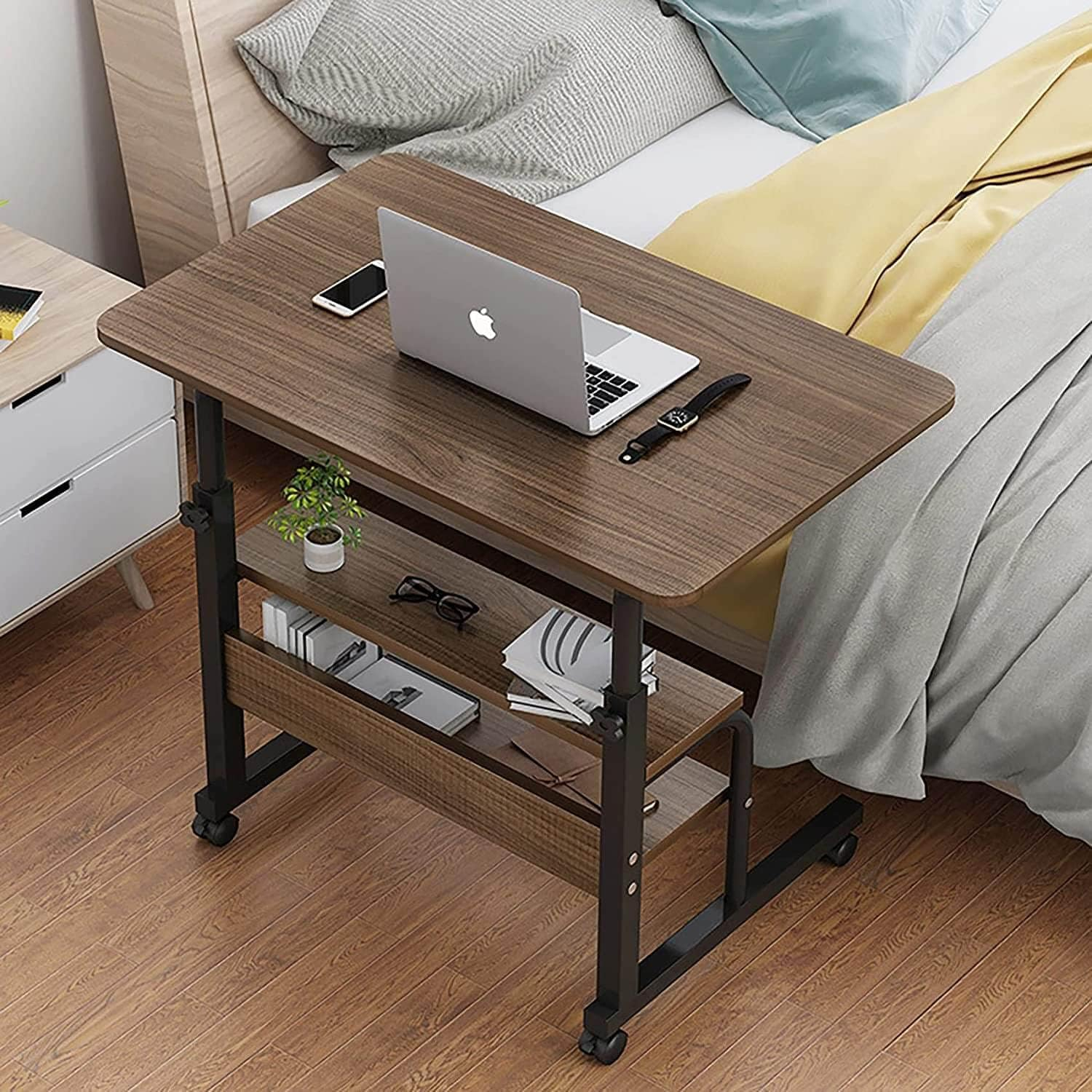 Adjustable Table Student Computer Desk Portable Home Office Furniture Small Spaces Sofa Bedroom Bedside Learn Play Game Desk on Wheels Movable with Storage Size 31.5 * 15.7 Inch Brown A
