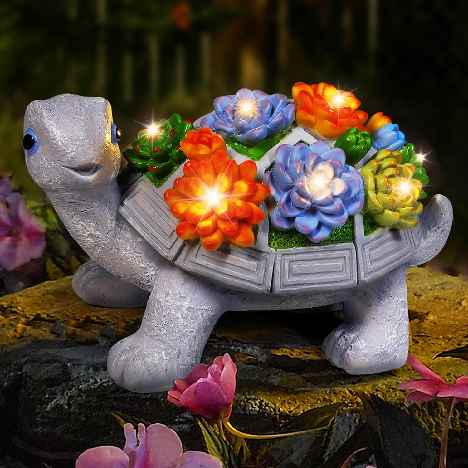 YUNMUTENG Solar Garden Outdoor Statues with Succulent and 7 LED Lights -Decor Tortoise Statue for Patio,Yard Ornament - Unique Housewarming Gifts