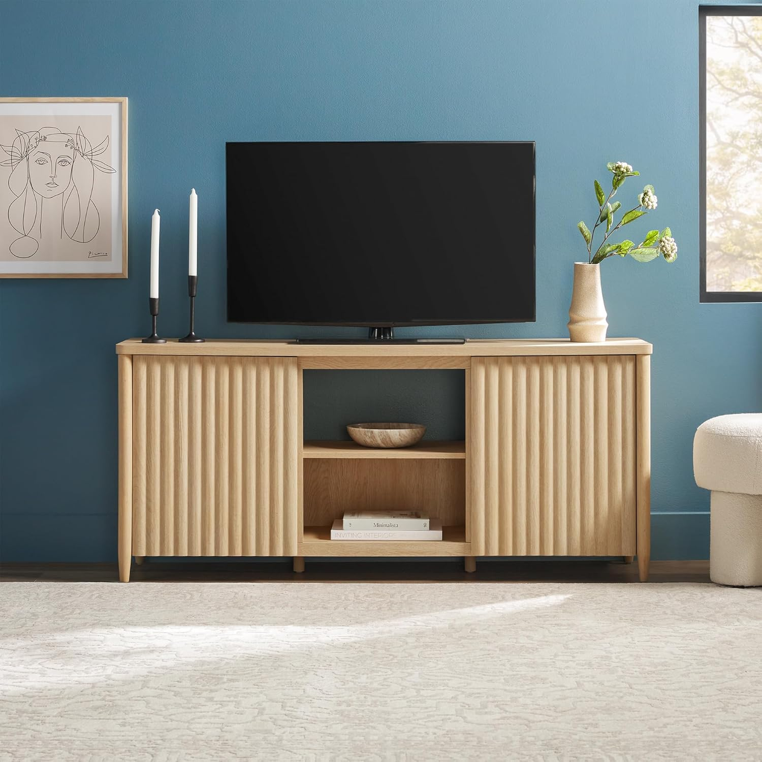 Scandinavian Reeded TV Stand with Storage for up to 70" TVs, Coastal Oak