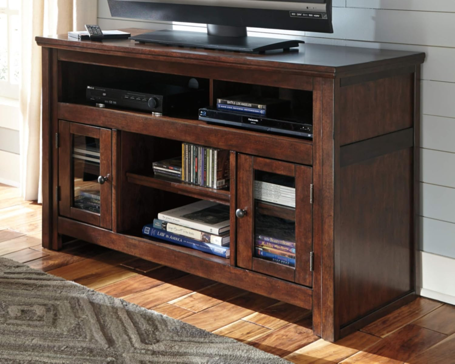 Reddish Brown 50" Transitional TV Stand with Glass Cabinet Doors