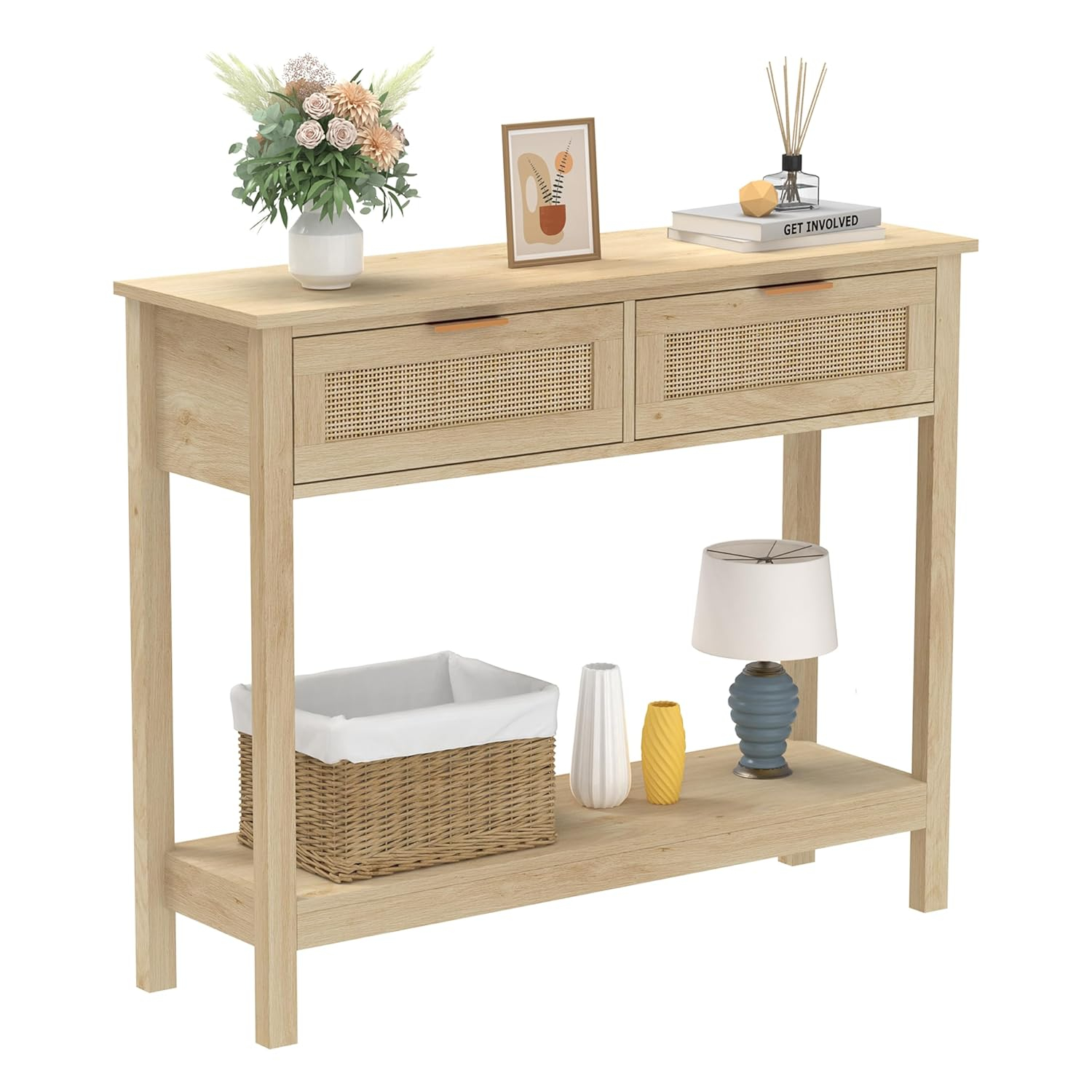 Farmhouse Rattan Console Table with 2 Drawers 2 Tier Boho Narrow Long Sofa Table Natural with Open Storage Shelf Wood Entryway Table for Living Room Hallway Foyer (Nature, 39.4 Inch)