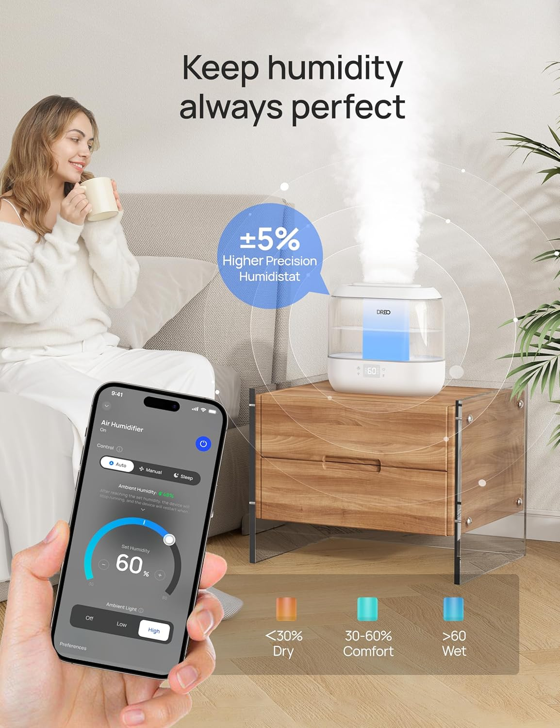 Dreo Smart Humidifier, Cool Mist Humidifiers for Bedroom, Quiet 4L Top Fill Ultrasonic Humidifiers for Home Office Plant & Baby with Nightlight, LED Display, 32H Runtime, APP/Voice Control, HM311S