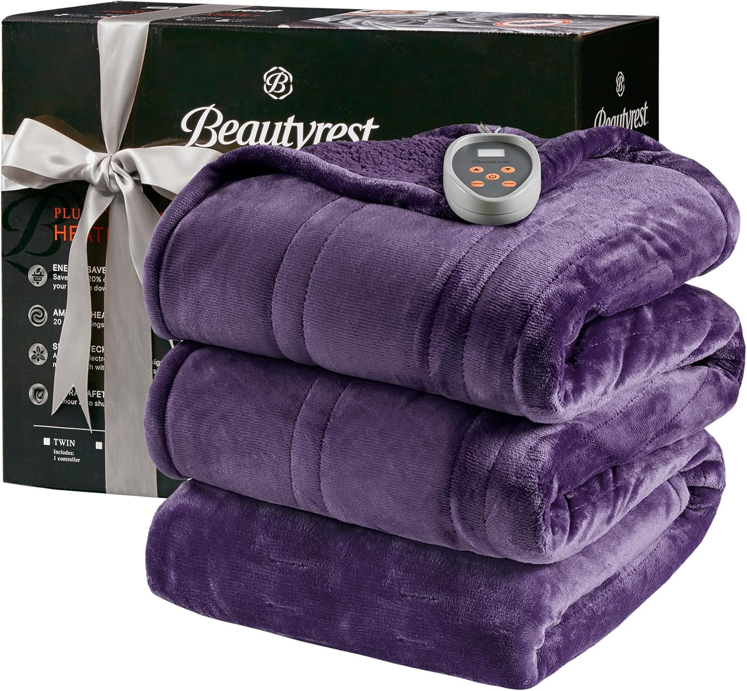 Beautyrest Electric Blanket, Soft, Warm, Reversible Plush - Sherpa Heating Blanket with 20 Heat Settings, 1-10 hrs Timer Auto Shut Off, Machine Washable, Full (84 inx80 in), Purple