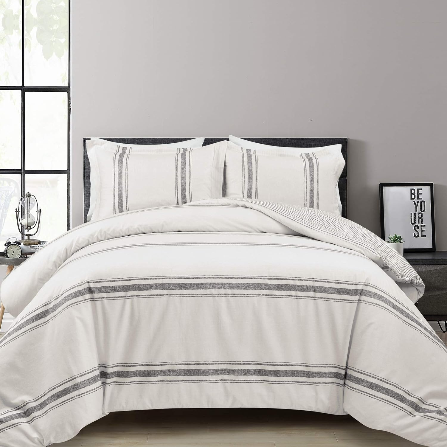 Lush Decor Farmhouse Stripe Duvet Cover Gray 3Pc Set King