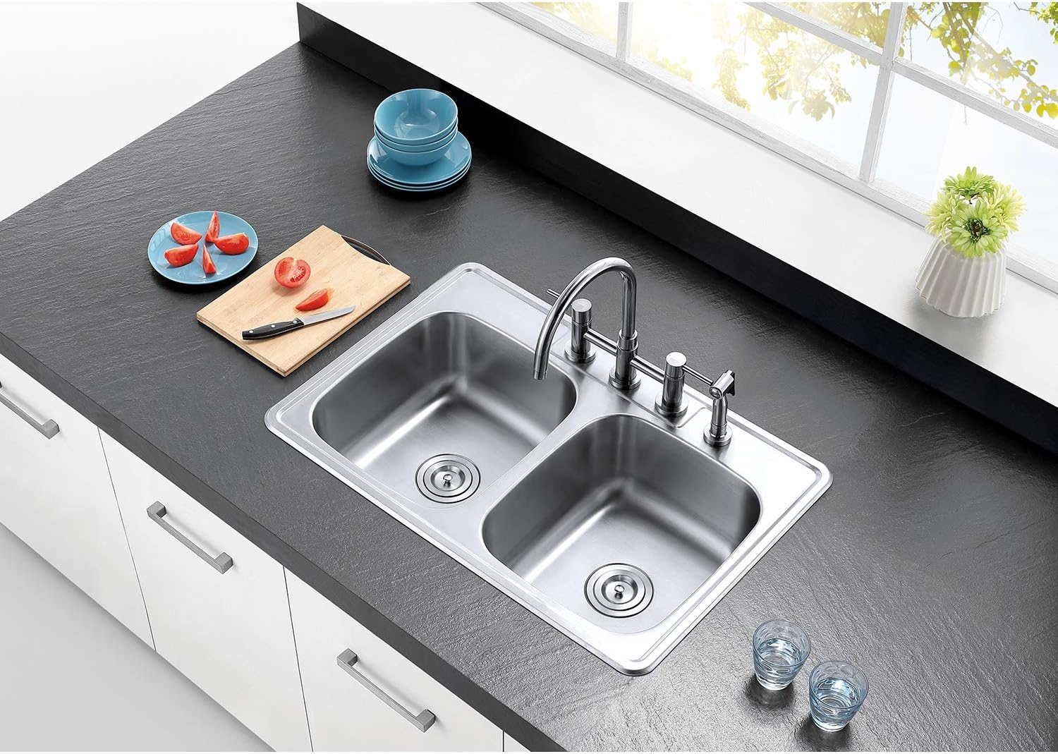 Kingston Brass Studio 33-Inch Stainless Steel Self-Rimming Double Bowl Drop-In Kitchen Sink With 4-Hole Drain And Strainer