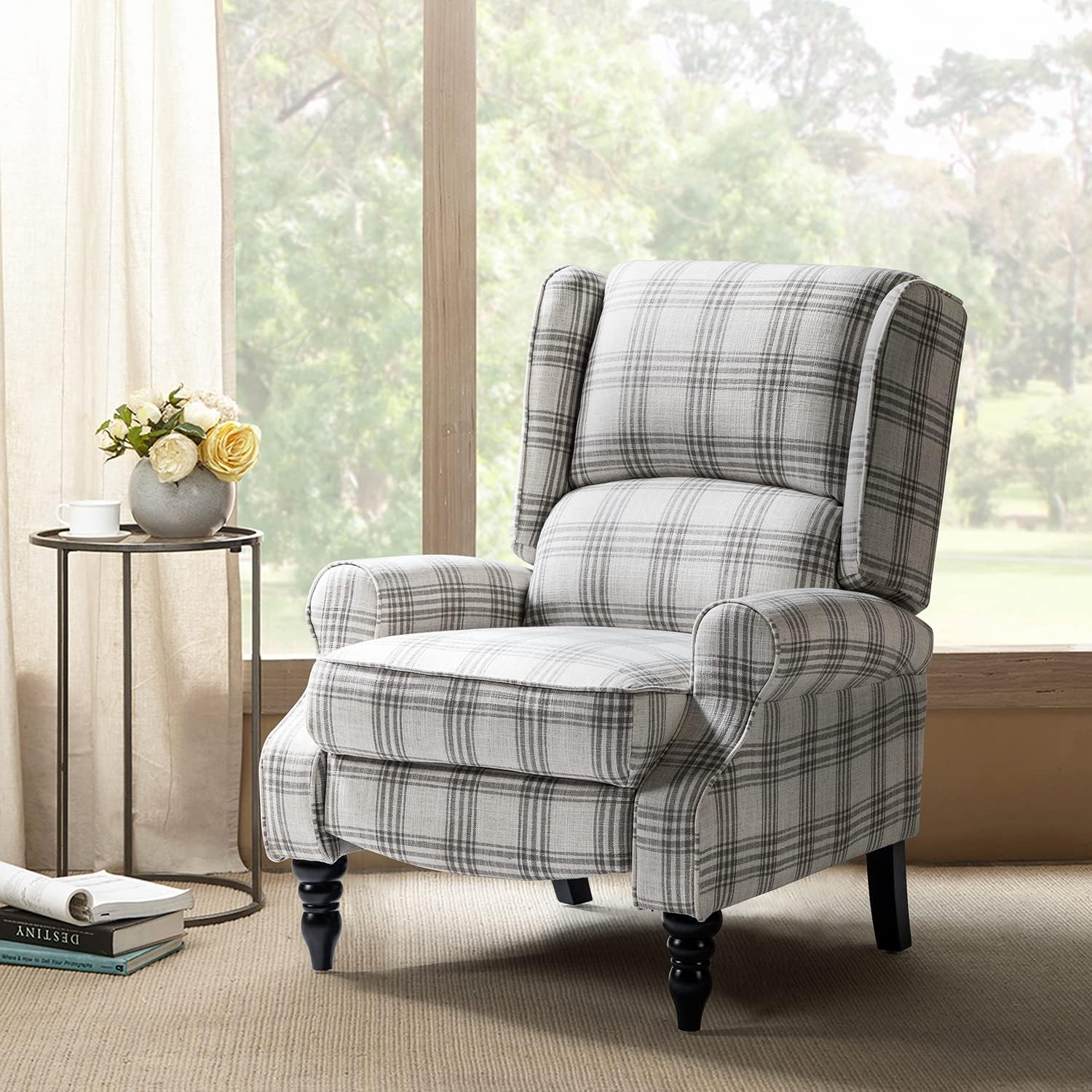 Grey Plaid Upholstered Wingback Recliner with Black Rubber Wood Legs