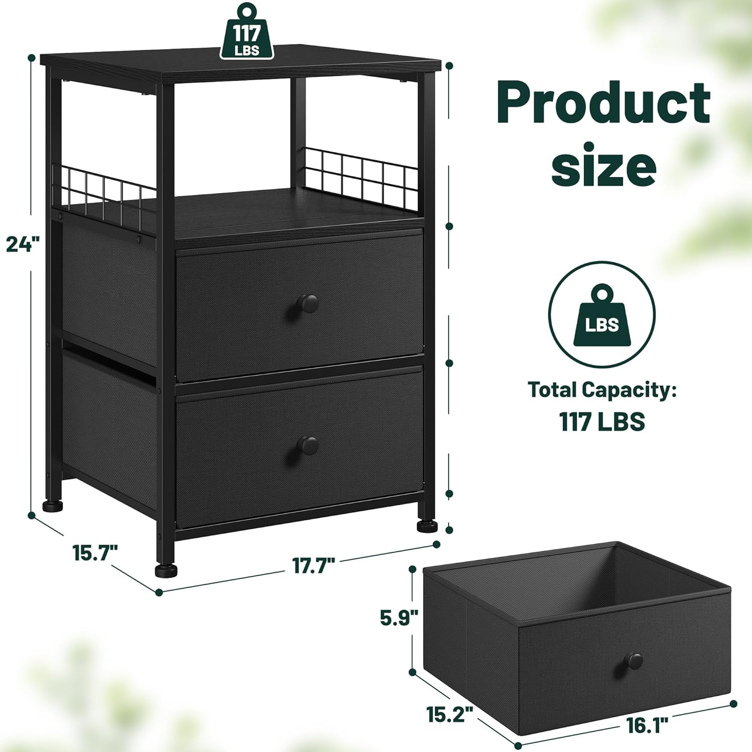 Black and Gray Metal Frame Nightstands with Fabric Drawers