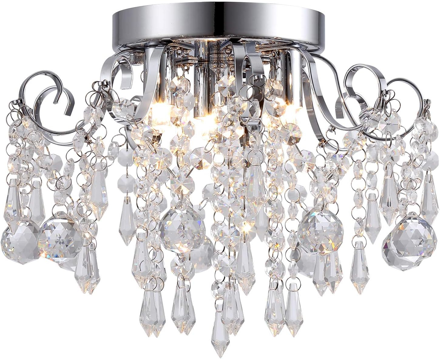 Q&S Small Crystal Chandelier Flush Mount Ceiling Light 3 Lights Modern Chrome Iron Raindrop Crystal Ceiling Fixture for Bedroom Hallway Closet Entryway Stairs