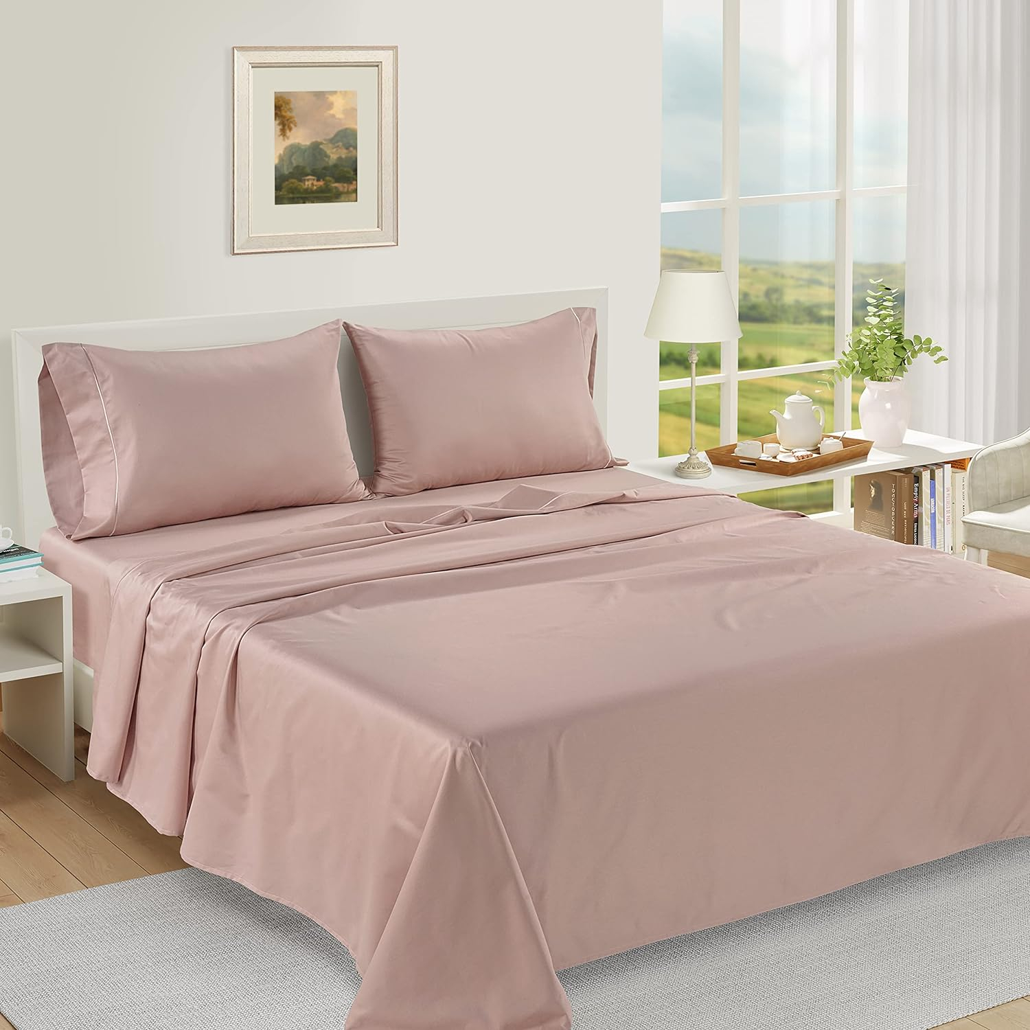 LANE LINEN 1000 TC Luxury 100% Egyptian Cotton Bed Sheets King Size, Fully Elasticized Reinforced 16 Inch Extra Deep Pocket King Sheets, Soft & Comfy Sateen Weave for Silky Finish-Sepia Rose