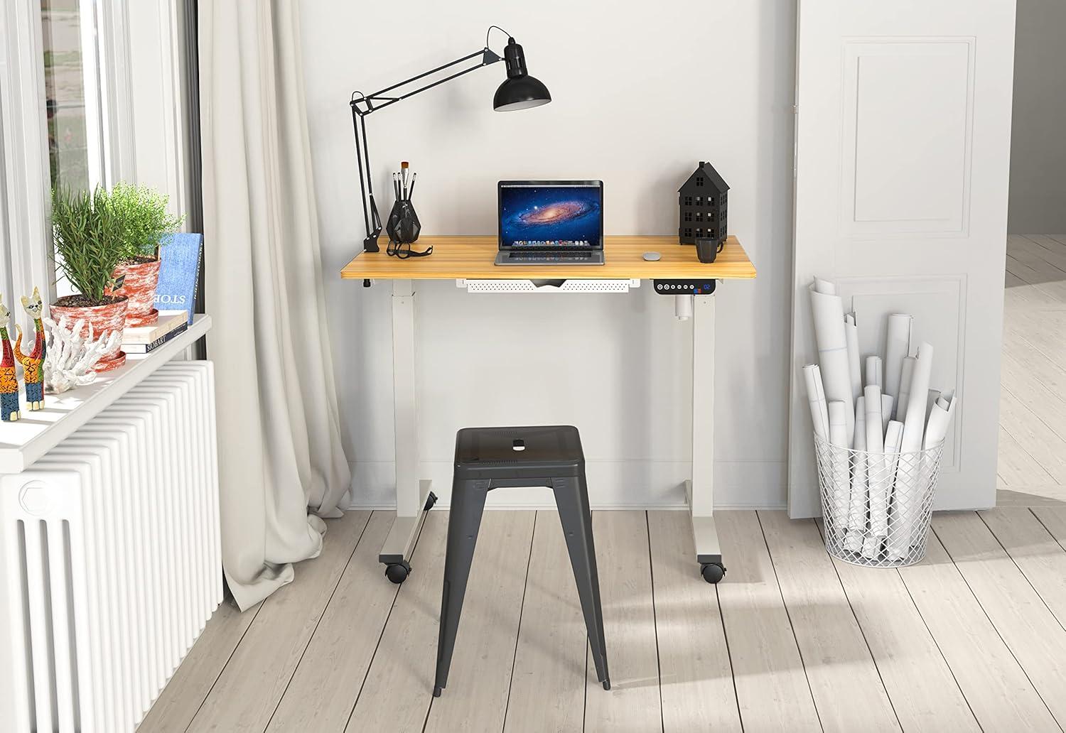 SHW 40-Inch Mobile Electric Height Adjustable Sit to Stand Desk with Drawer, Hanging Hooks and Cable Management, Oak