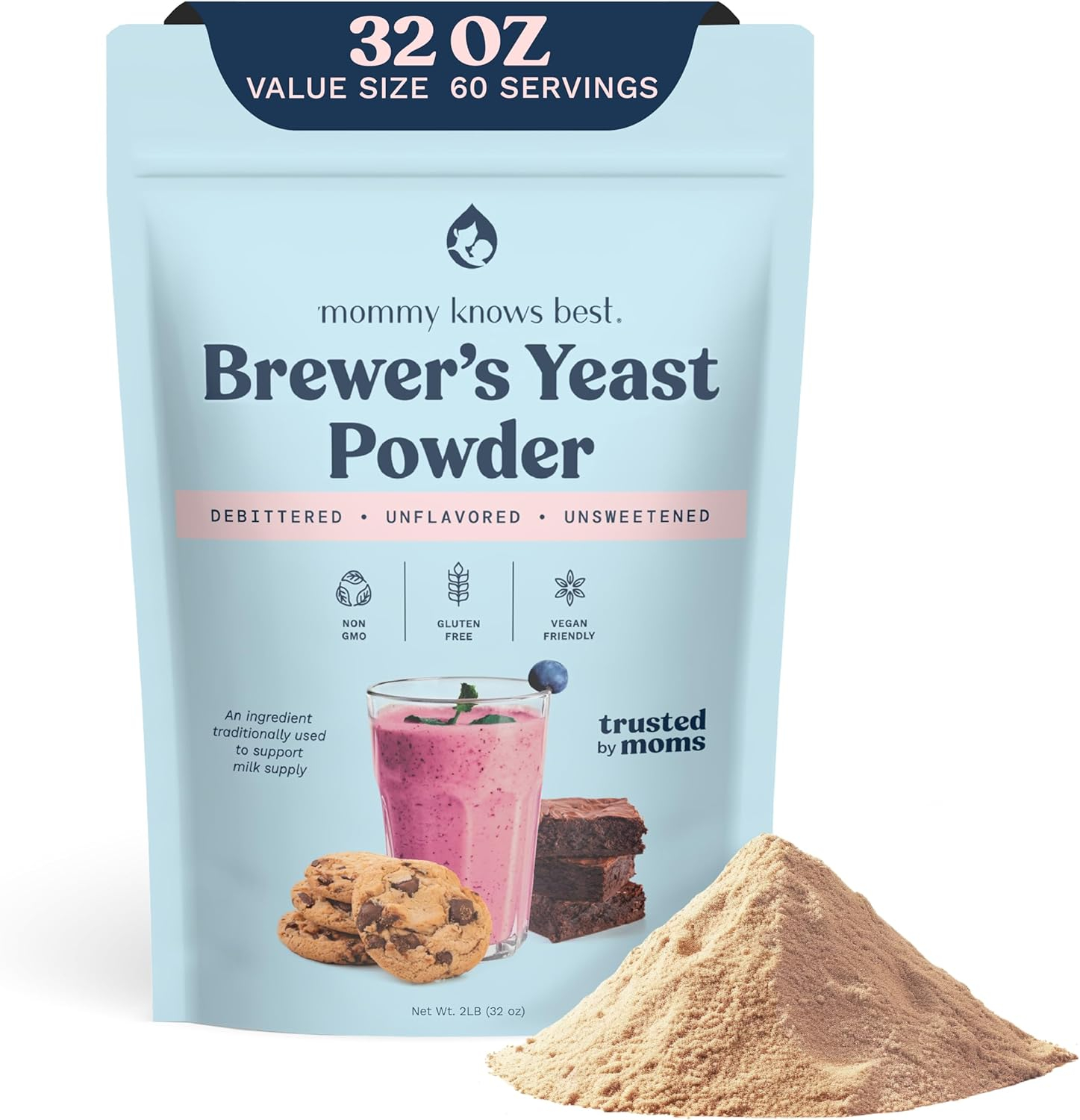Mommy Knows Best Brewers Yeast Powder for Lactation Brewer's Yeast for Breastfeeding Mothers - Mild Nutty Flavored Unsweetened and Debittered - 32 oz