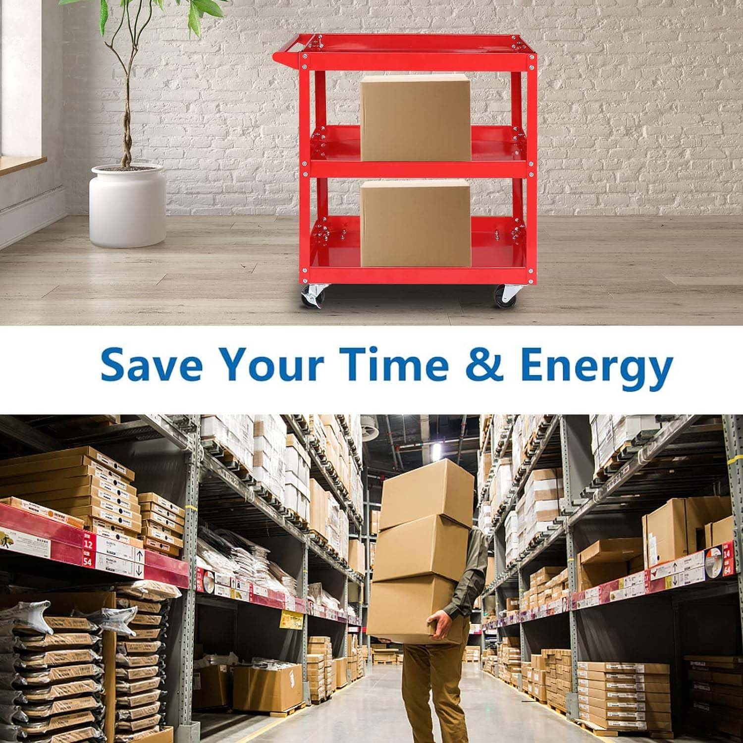 3-Tier Utility Cart,3 Shelves Rolling Carts with Brake Wheels,450lbs Load Capacity,Heavy Duty Mechanic Storage Cart Utility Cart for Garage Warehouse Workshop (Red)