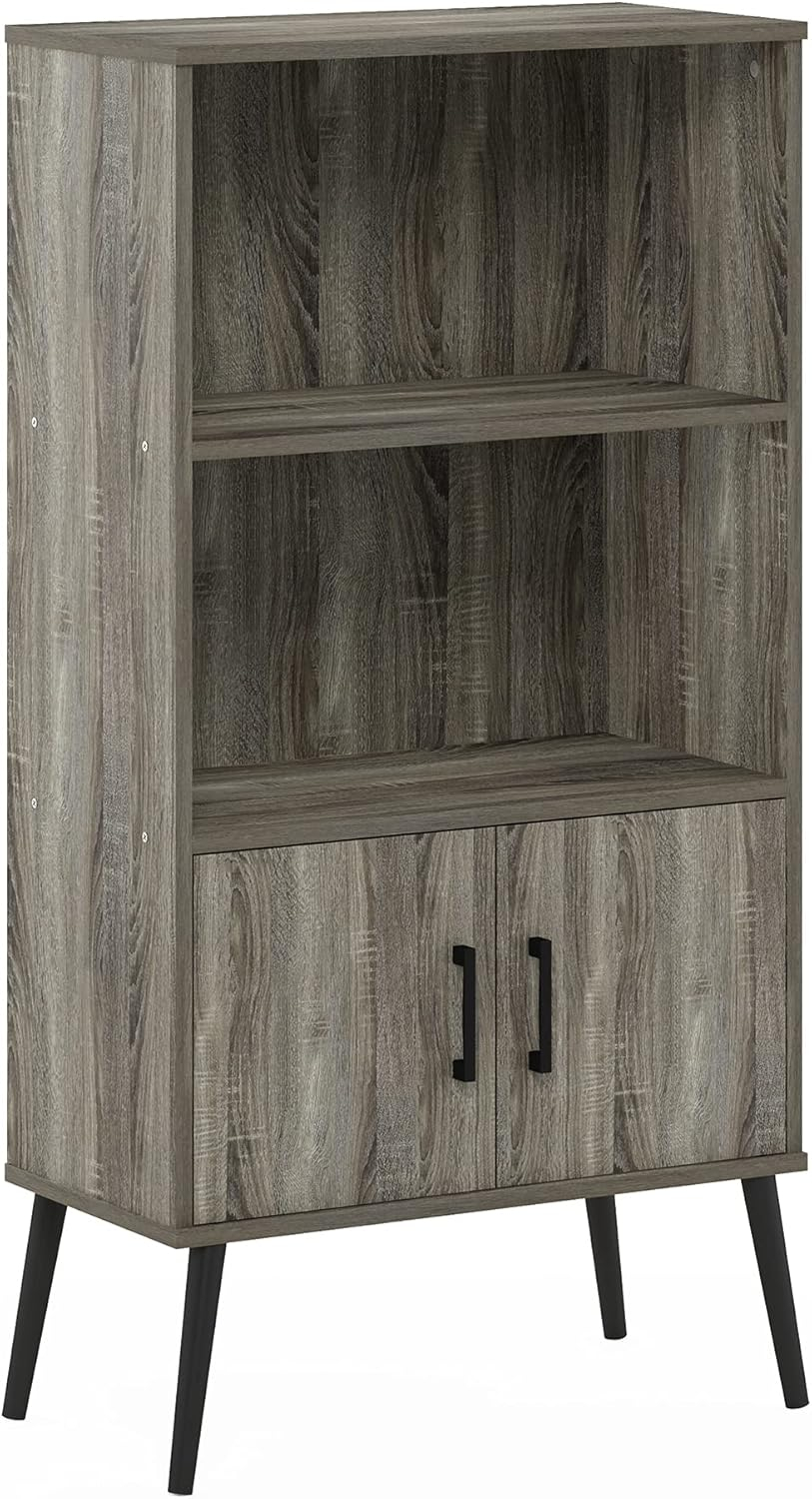 Furinno Claude Mid Century Style Accent Cabinet with Wood Legs, French Oak Grey