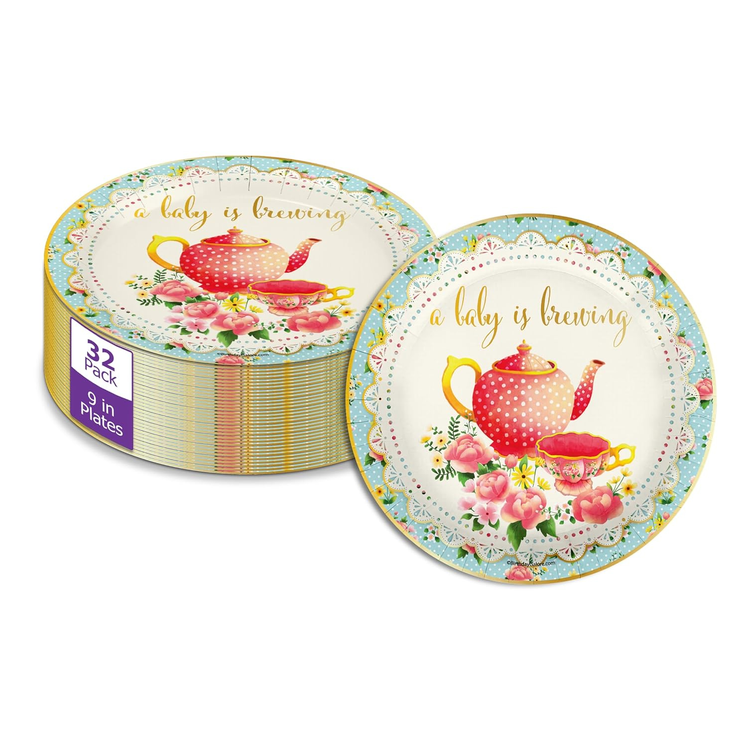 A Baby is Brewing Tea Baby Shower Party Supplies Large 9" Paper Plates in Bulk 32 Piece