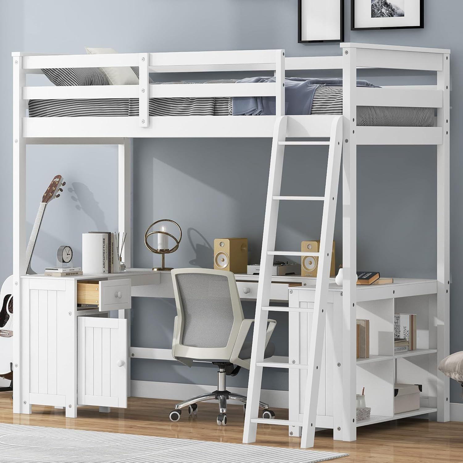 Bellemave Twin Size Loft Bed with U-shaped Desk,Wood Loft Bed Frame for Kids Teens with Drawers and Storage Shelves,No Box Spring Needed(White)