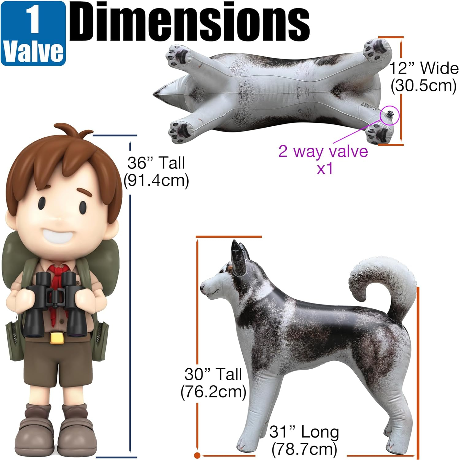 Jet Creations 30" Tall Inflatable Husky Dog Black White Lifelike Blow-Up Animal Figure, Puppy Pet Decor Play Farm Theme Party Pool Birthday VBS Photo Prop, Sport Mascot, Gift for Boys Girls Kids 1pc