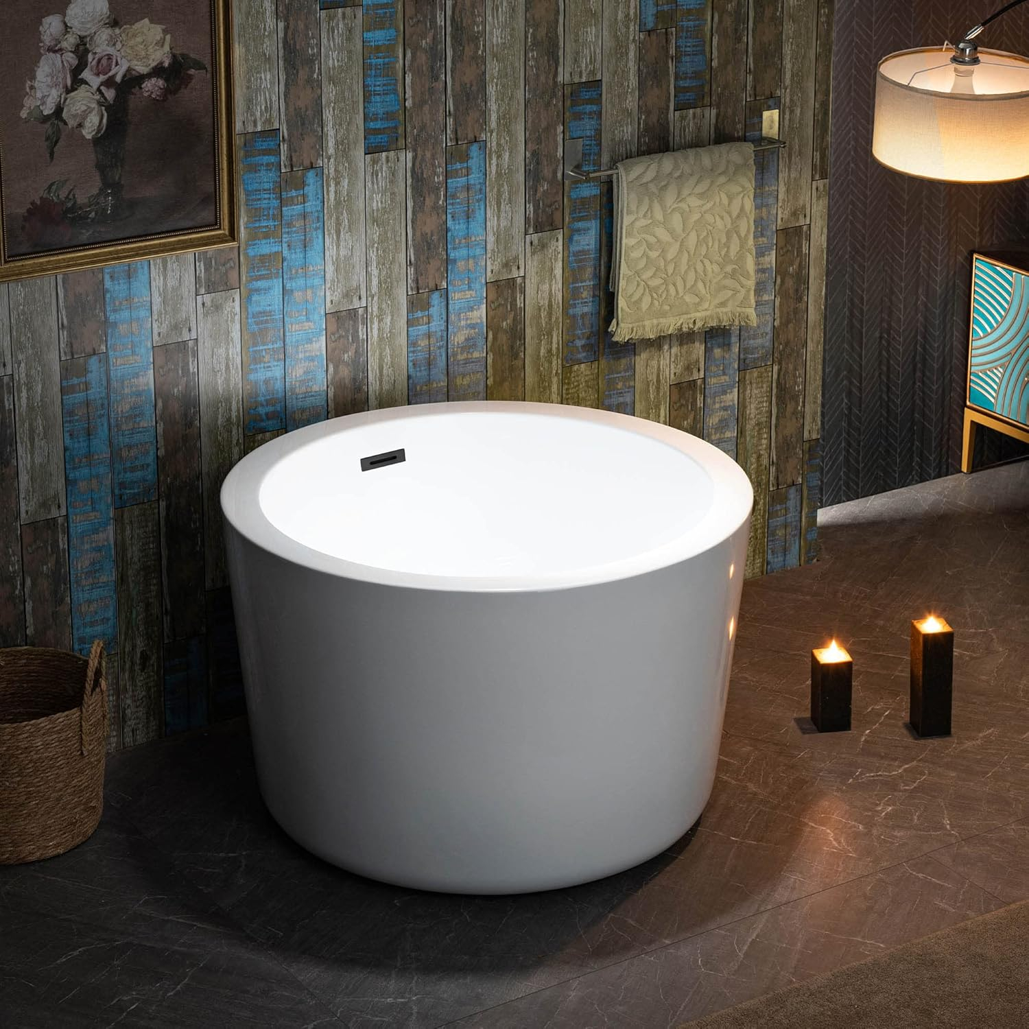 WOODBRIDGE 41" Acrylic Freestanding Bathtub Contemporary Soaking Tub, White Acrylic,Matte Black Drain/Overflow