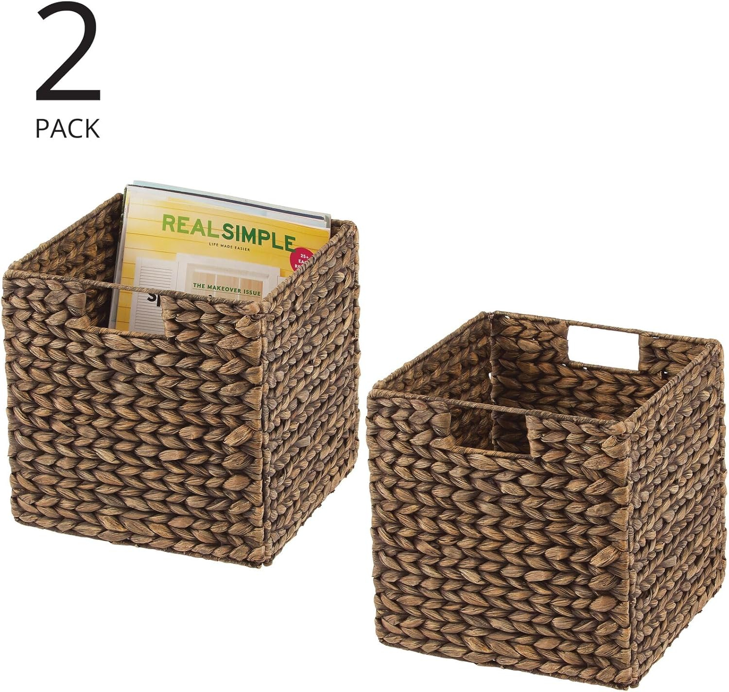 mDesign Hyacinth Woven Cube Bin Basket Organizer, Handles, 2 Pack, Brown Wash