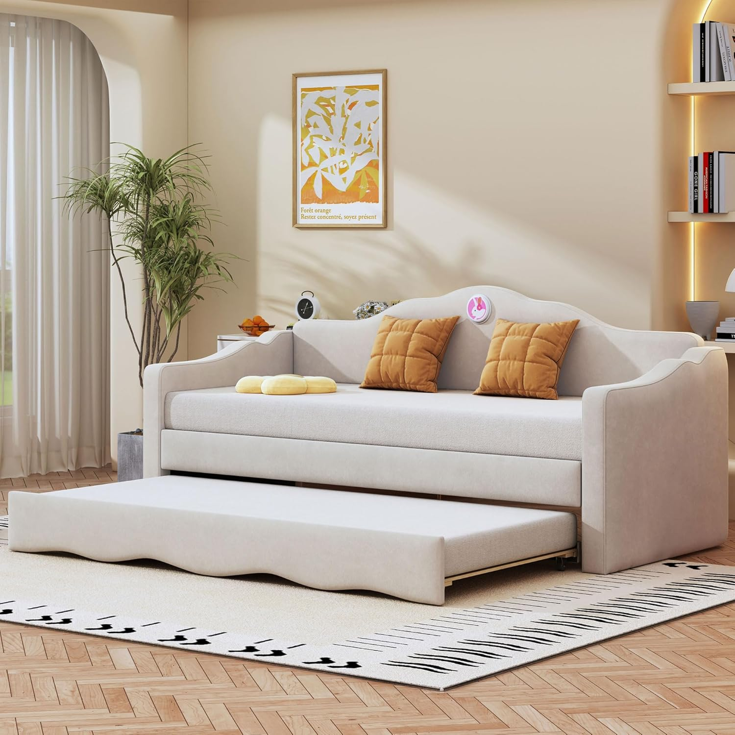 Ball & Cast Upholstered Twin Size Daybed with Trundle, Sofa Bed Frame with Wave-Shaped Back & Arm & Wood Slat Support, No Box Spring Needed, Gray