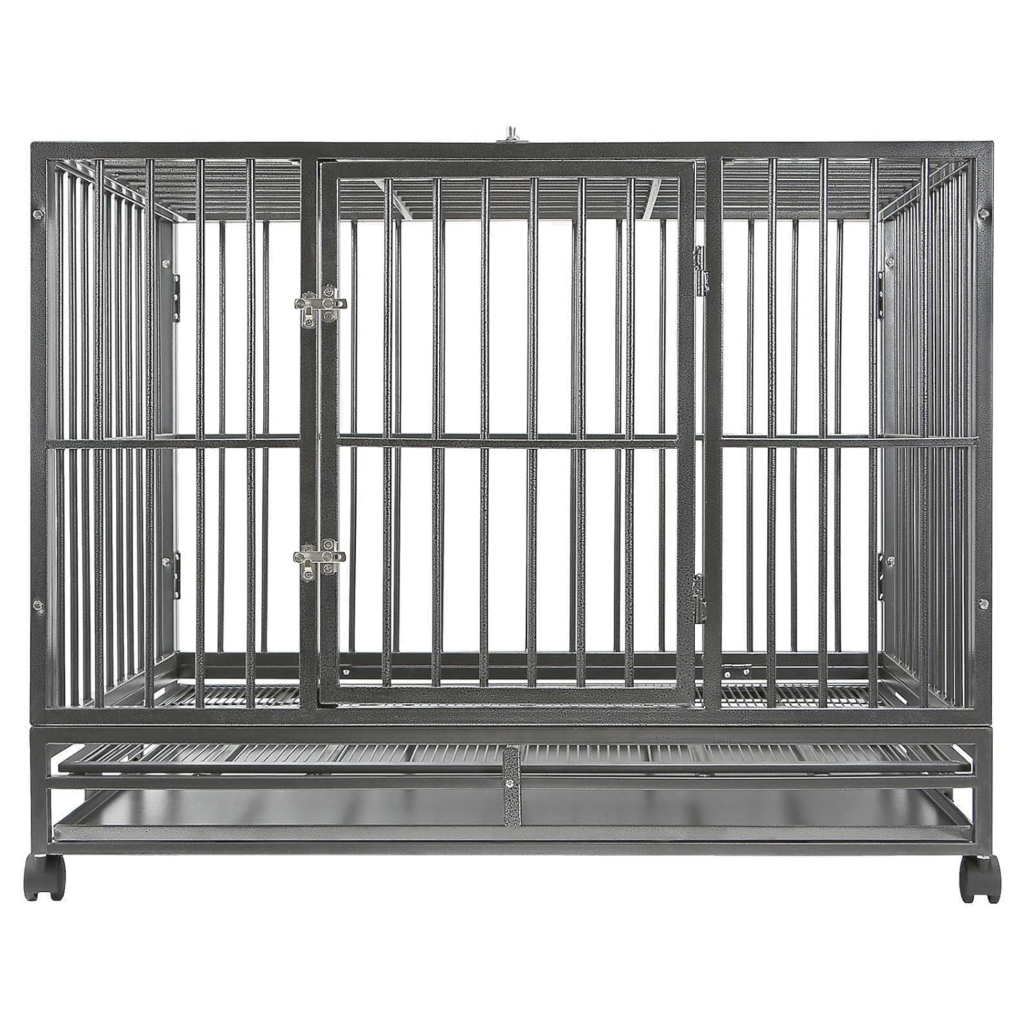 SmithBuilt 42" Large Heavy-Duty Dog Crate Cage - Two-Door Indoor Outdoor Pet & Animal Kennel with Tray - Silver