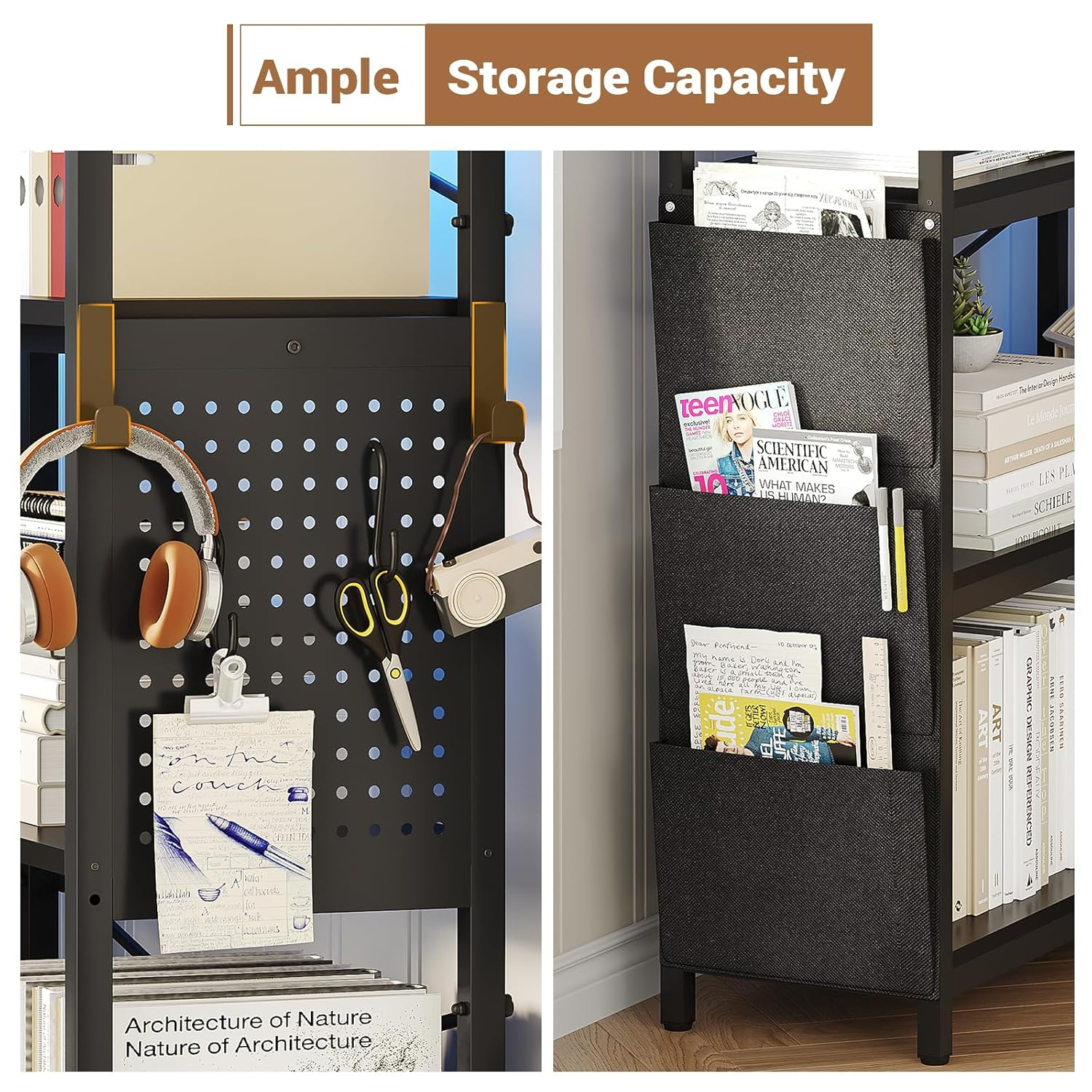 5-Tier Book Shelf with LED Light, 63" Reversible Storage Shelves, Corner Bookshelf with Storage Bag and Pegboard, Black