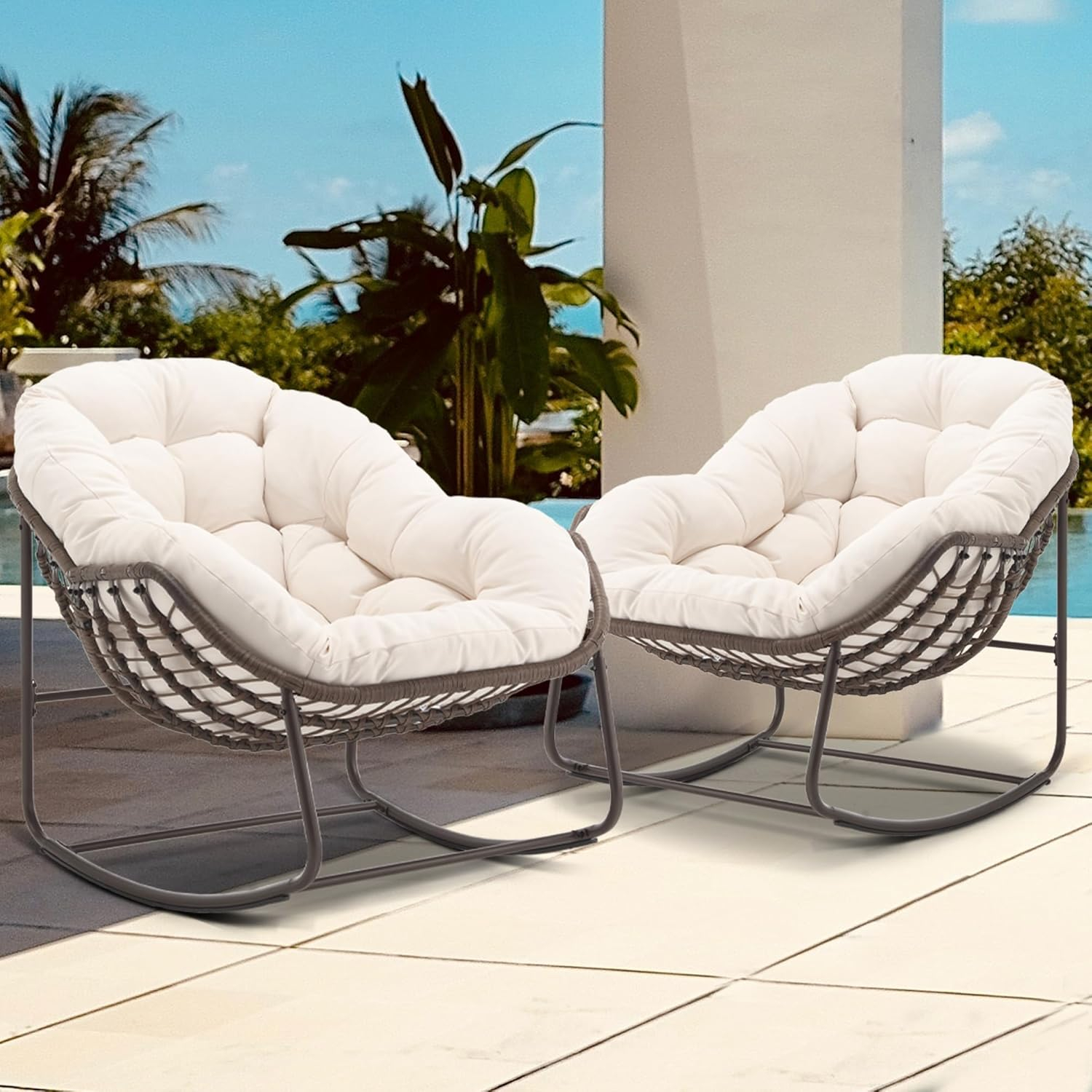 Outdoor Papasan Rocking Chair - Oversized Comfy Patio Chair Set of 2 Indoor Egg Royal Double Rattan Rocking Chair with Cushion for Front Porch Lounge Lawn Bedroom (Cream)