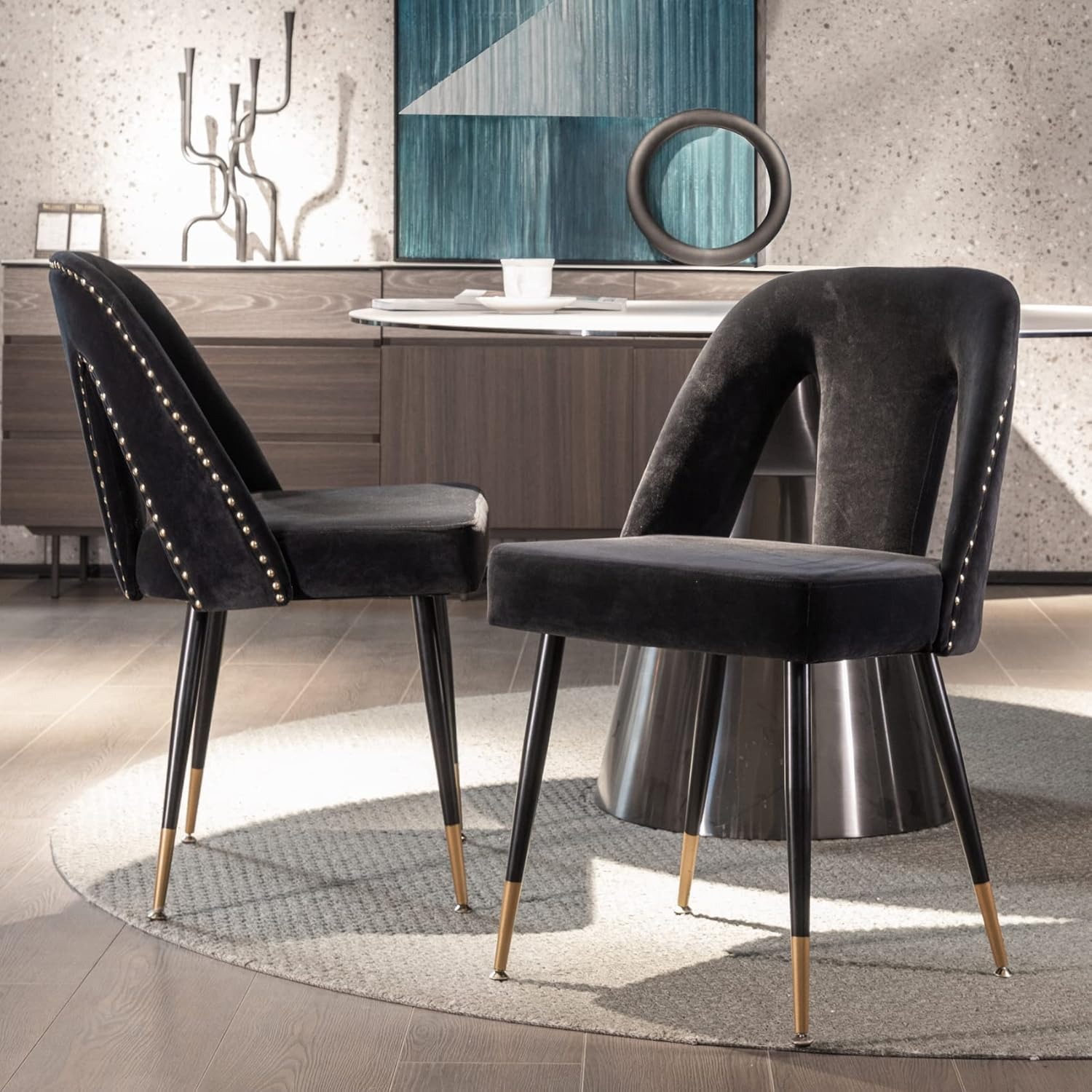 Aoowow Modern Dining Chairs Set of 2, Velvet Upholstered Side Chairs with Nailheads and Gold Tipped Black Metal Legs (Black)