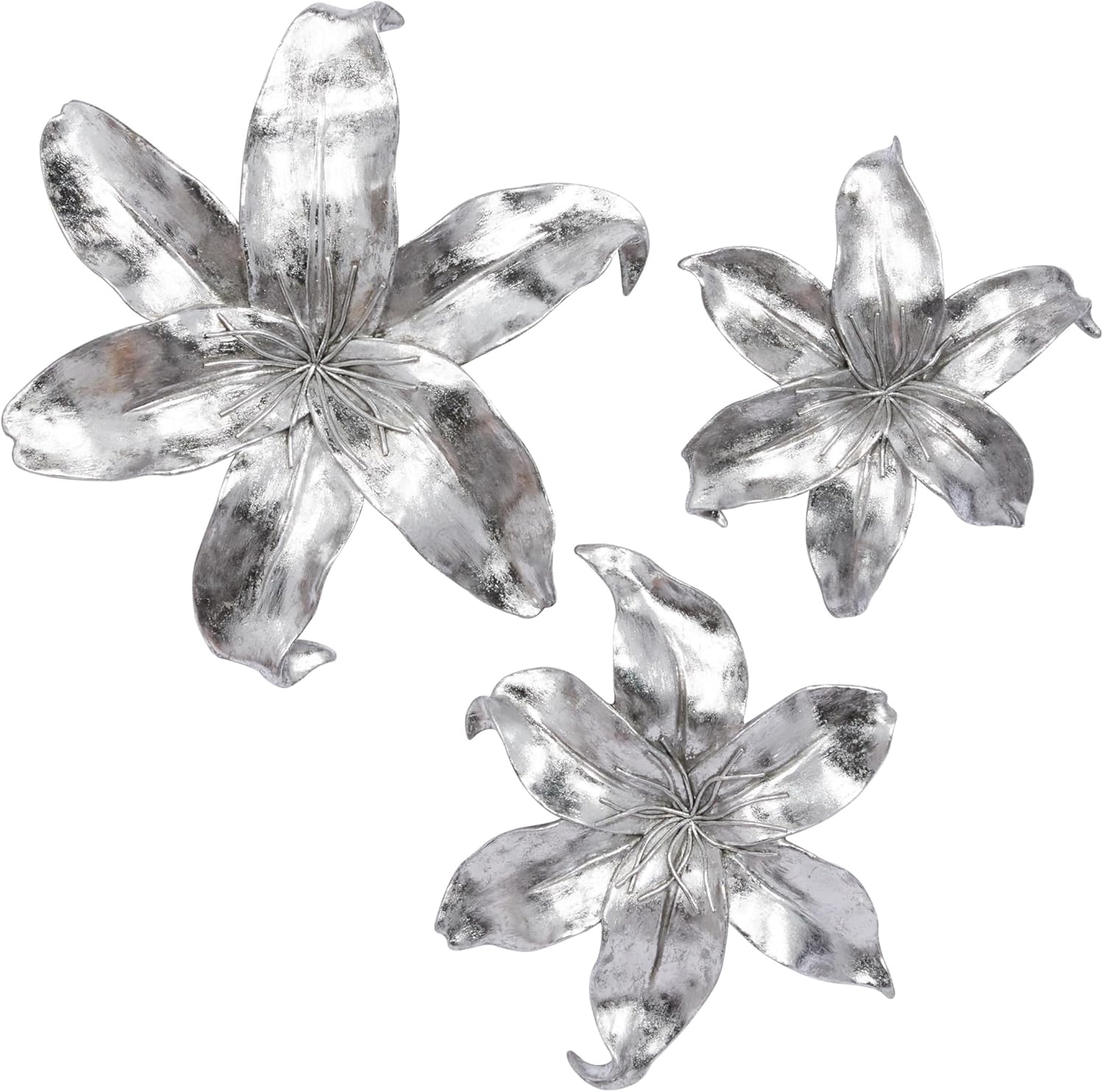 DecMode Silver Polystone 3D Floral Wall Decor (3 Count)