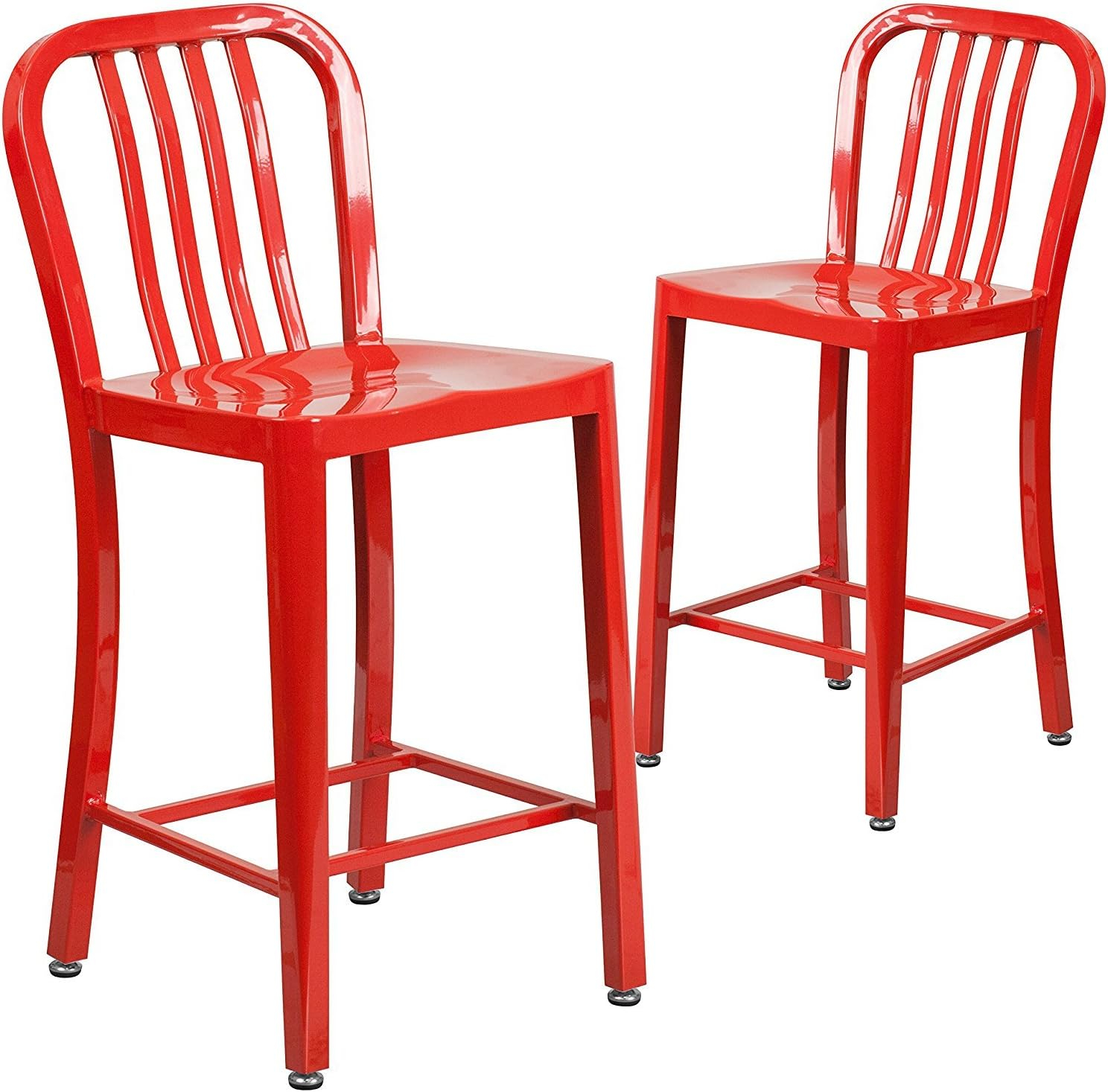 Flash Furniture Commercial Grade 2 Pack 24" High Red Metal Indoor-Outdoor Counter Height Stool with Vertical Slat Back
