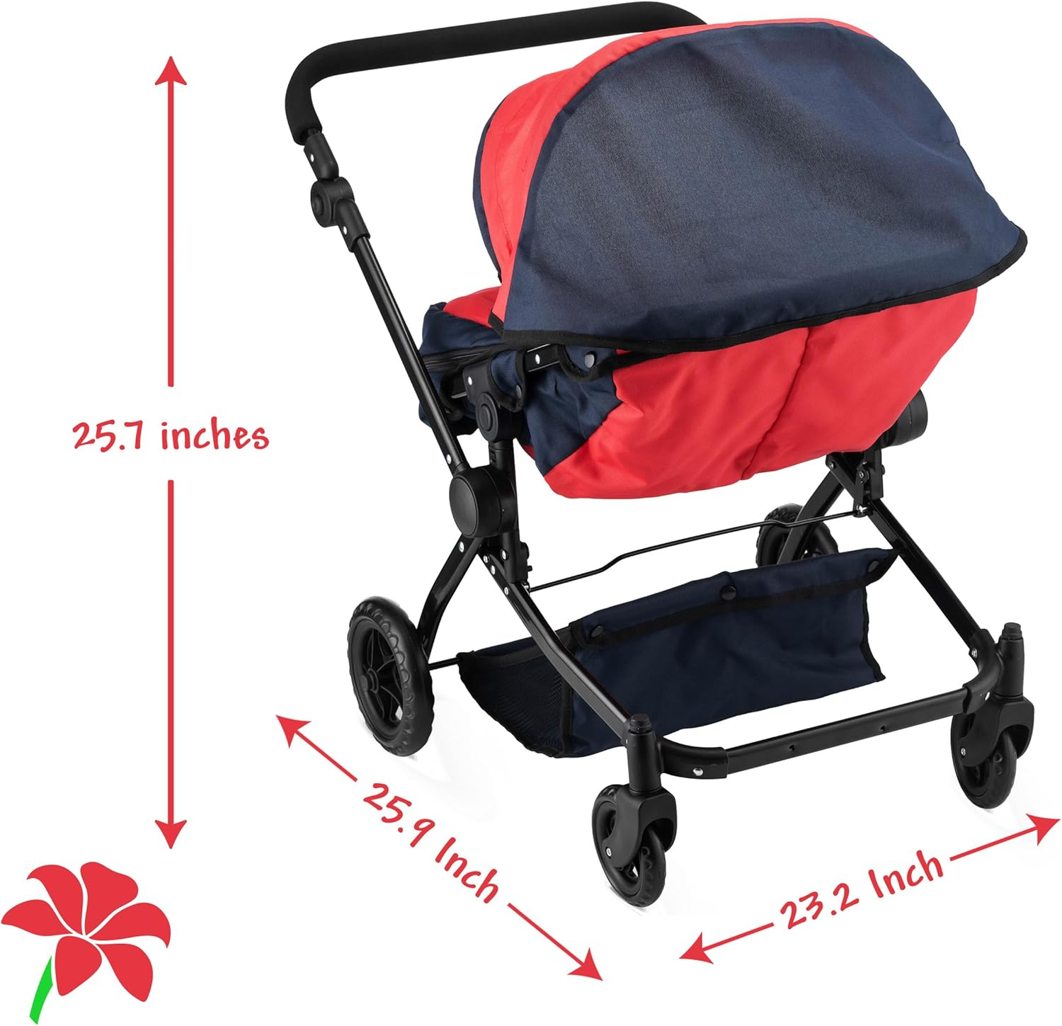 Double Doll Stroller for Twin Baby Dolls - Convertible Seat Toy Stroller for Toddlers 3 Years and up, Adjustable Handle with Storage Basket, Red Design for Kids