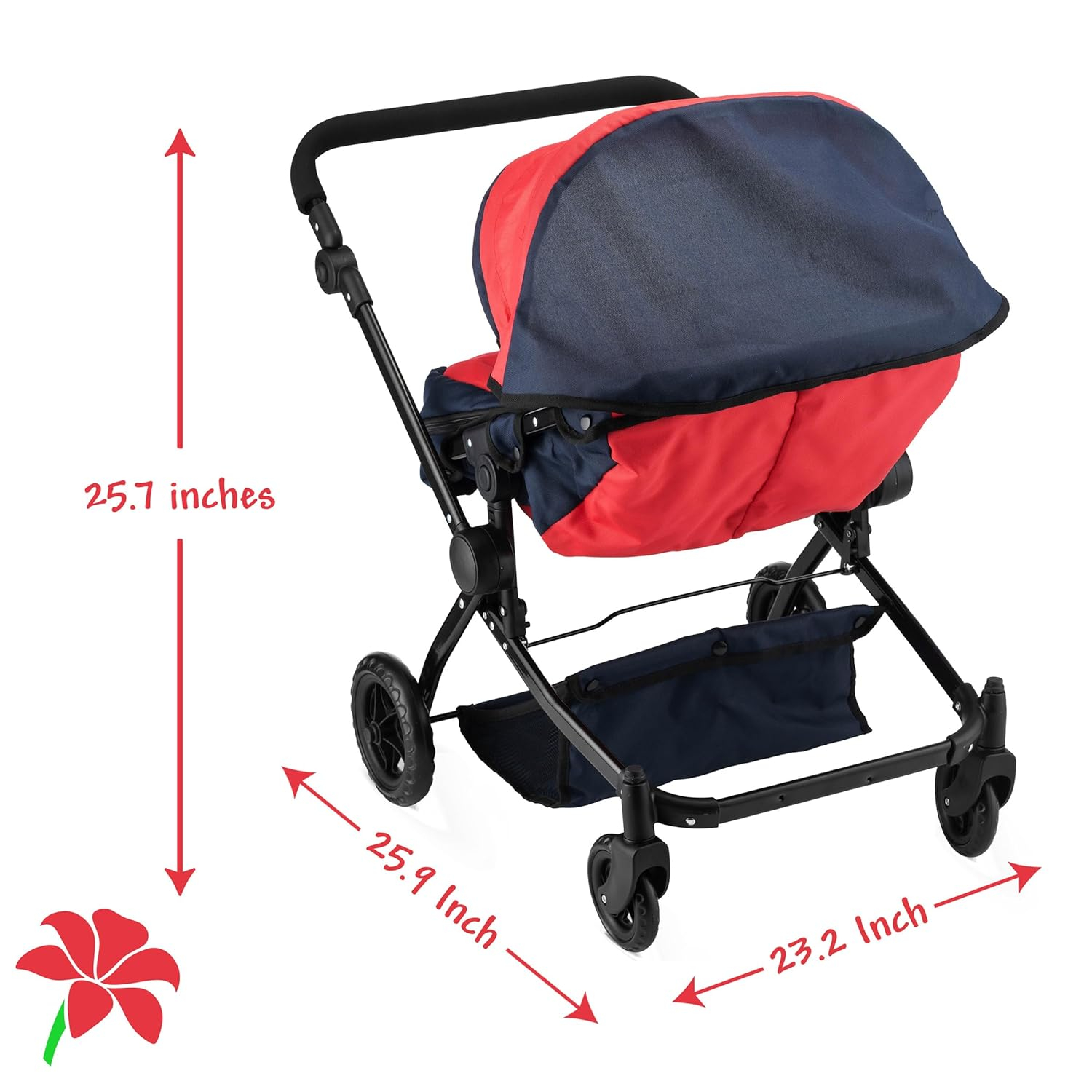 Double Doll Stroller for Twin Baby Dolls - Convertible Seat Toy Stroller for Toddlers 3 Years and up, Adjustable Handle with Storage Basket, Red Design for Kids