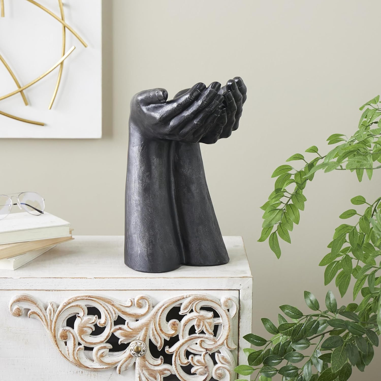 Deco 79 Polystone Hands Decorative Sculpture Raised Home Decor Statue with Butterfly Accents, Accent Figurine 13" x 5" x 14", Dark Brown