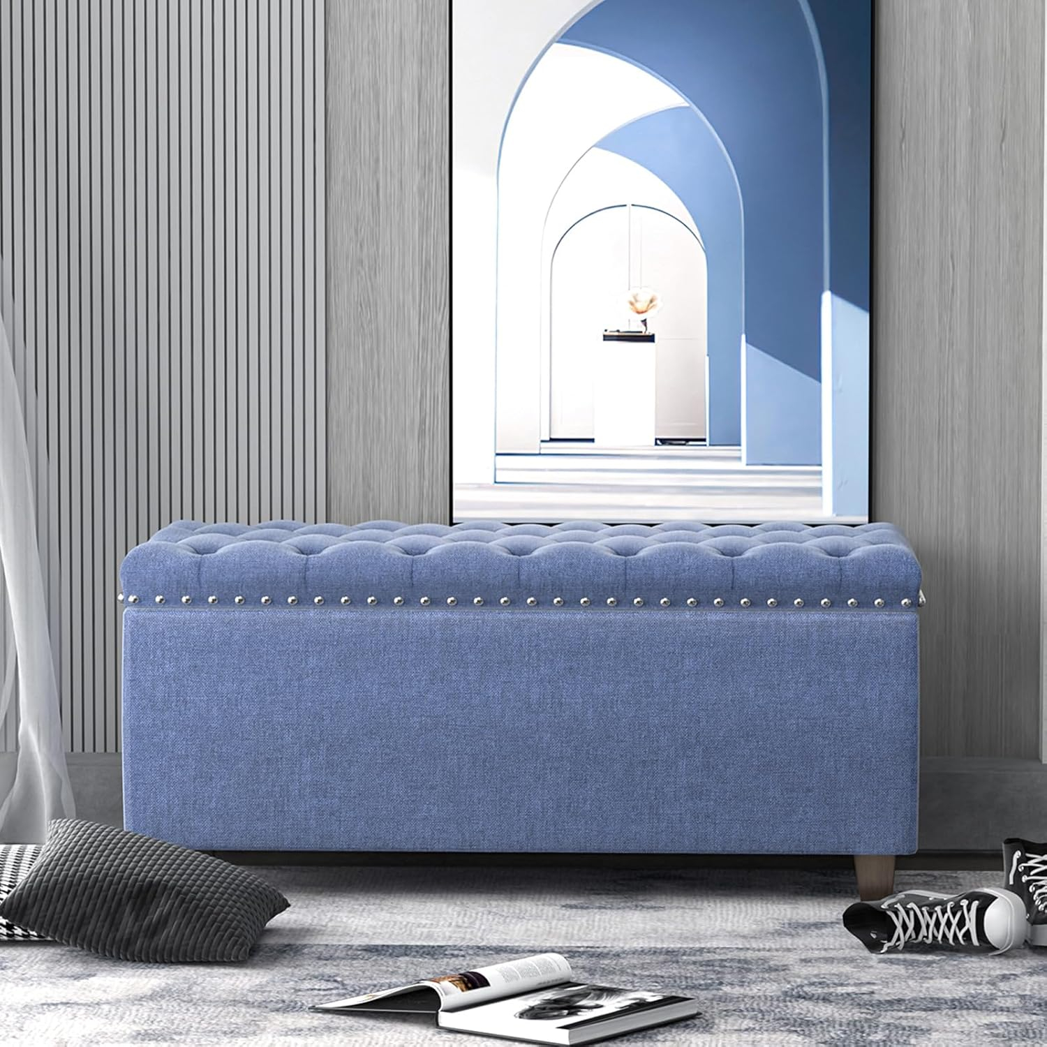 Nathaniel Home, Modern Storage Ottomans, Rectangular Ottomans with Storage, Nailhead Trim Ottomans, Upholstered Ottoman Coffee Table for Bedroom Blue