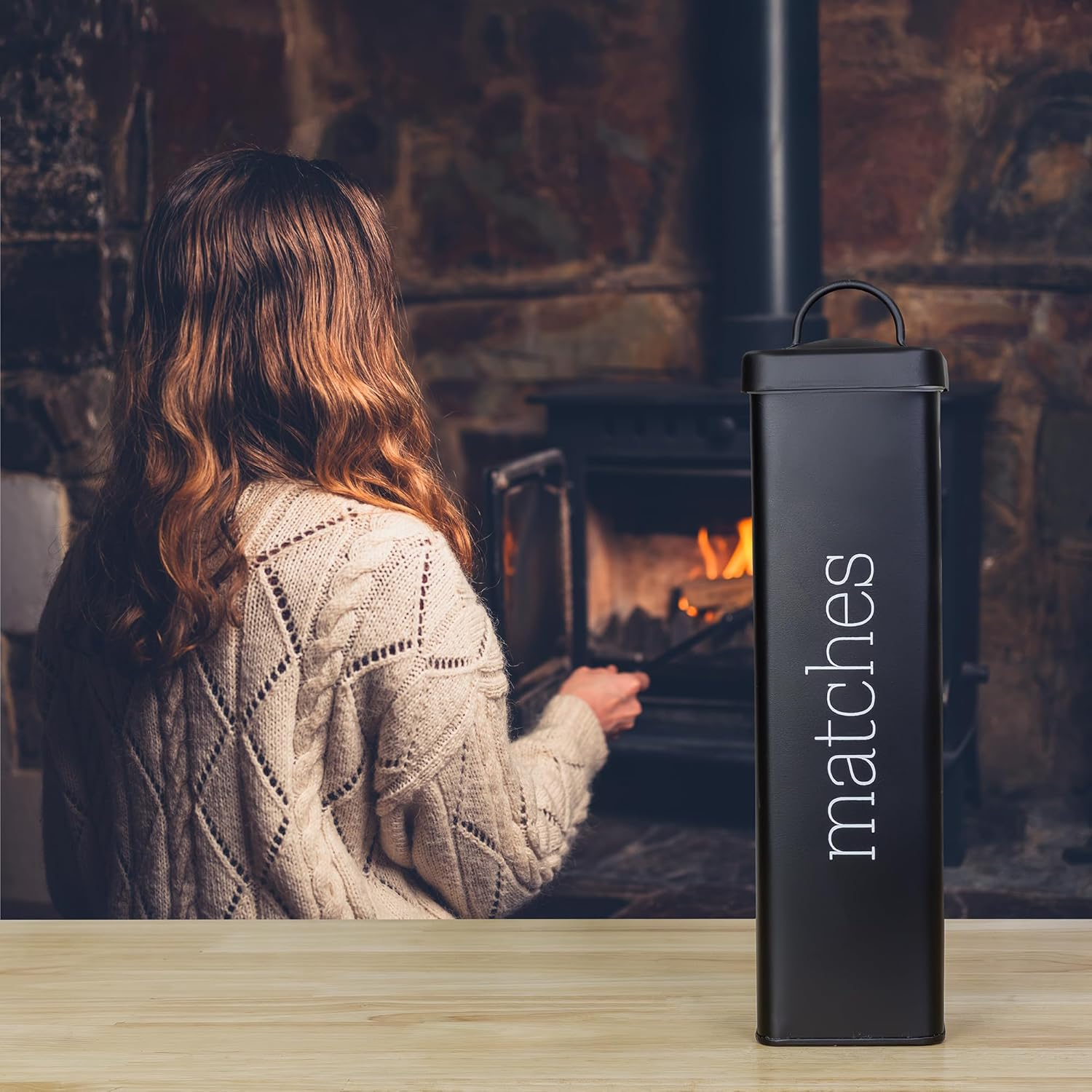 Tall Black Enamel Farmhouse Fireplace Matches Holder