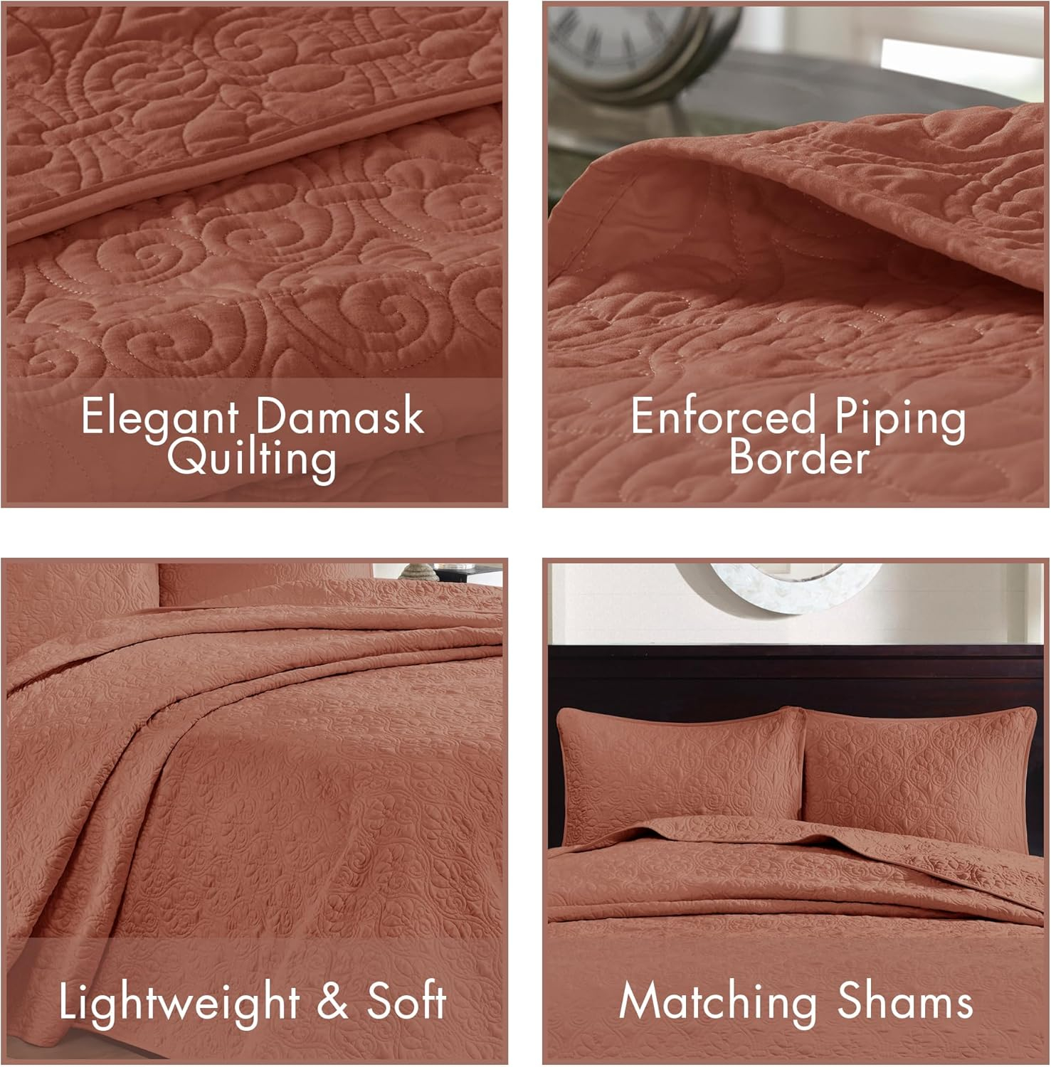Madison Park Bedspread Set Reversible Damask Quilted Oversized Coverlet, Cotton-Filled Quilts Oversized, All Season, Lofty & Warm Bedspread, Quebec, Clay Red 3 Piece