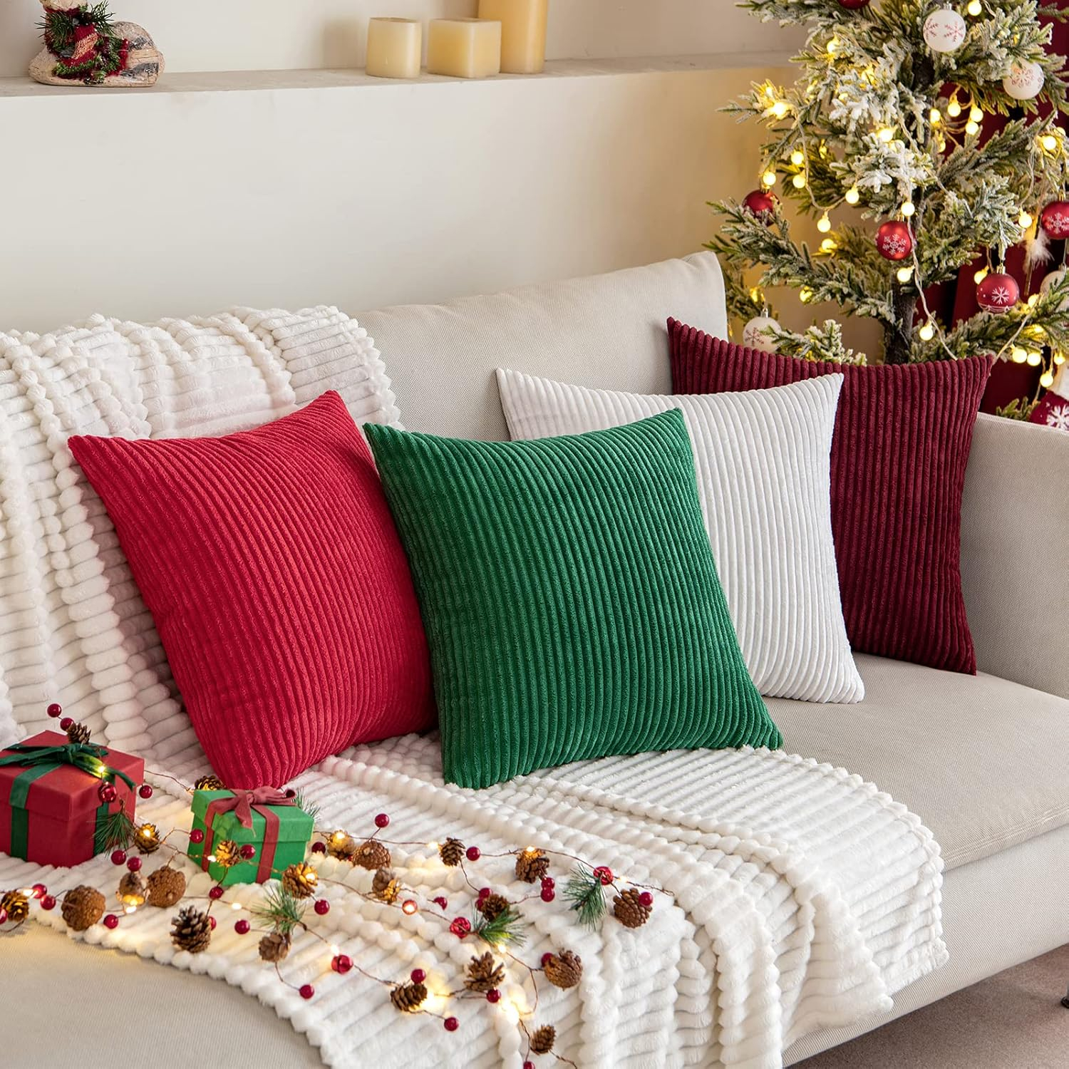 MIULEE Decorative Christmas Throw Pillow Covers Pack of 2 Corduroy Soft Soild Pillow Cases Square Pillowcases for Cushion Couch Sofa Bedroom Living Room 20 x 20 Inch Red
