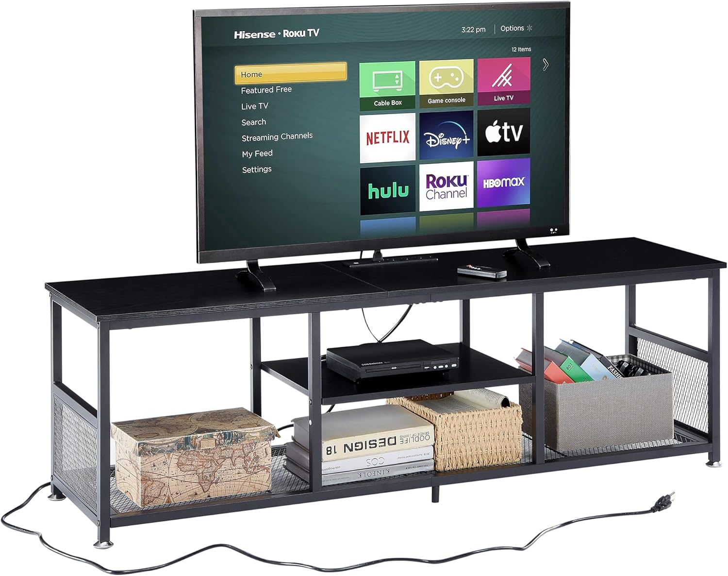 VECELO TV Stand with Power Outlets for Televisions up to 55 Inch, 47" Media Entertainment Center with Charging Station 3-Tier Open Storage Shelves with Metal Frame for Living Room/Bedroom，Black