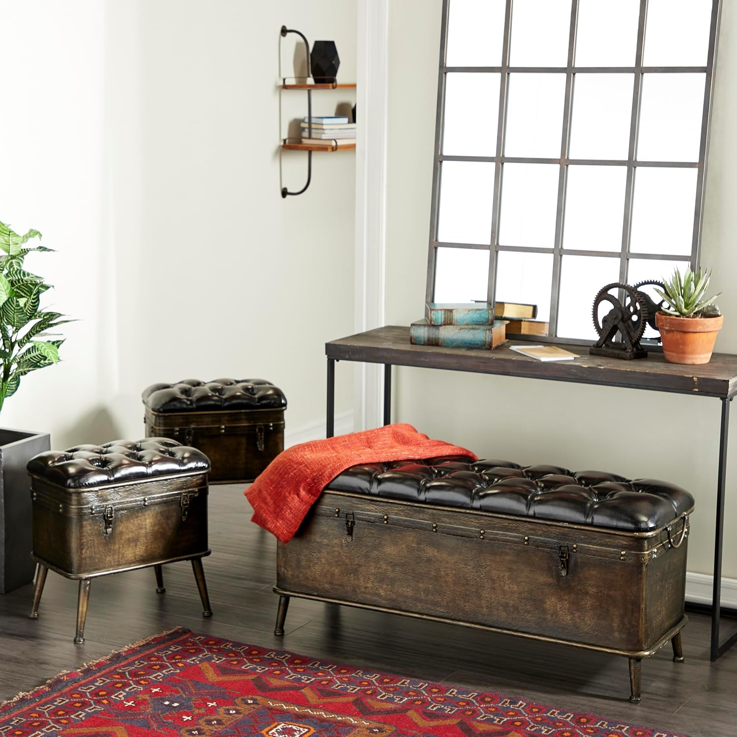 DecMode Metal Storage Bench with Tufted Faux Leather, Brown, Set of 3