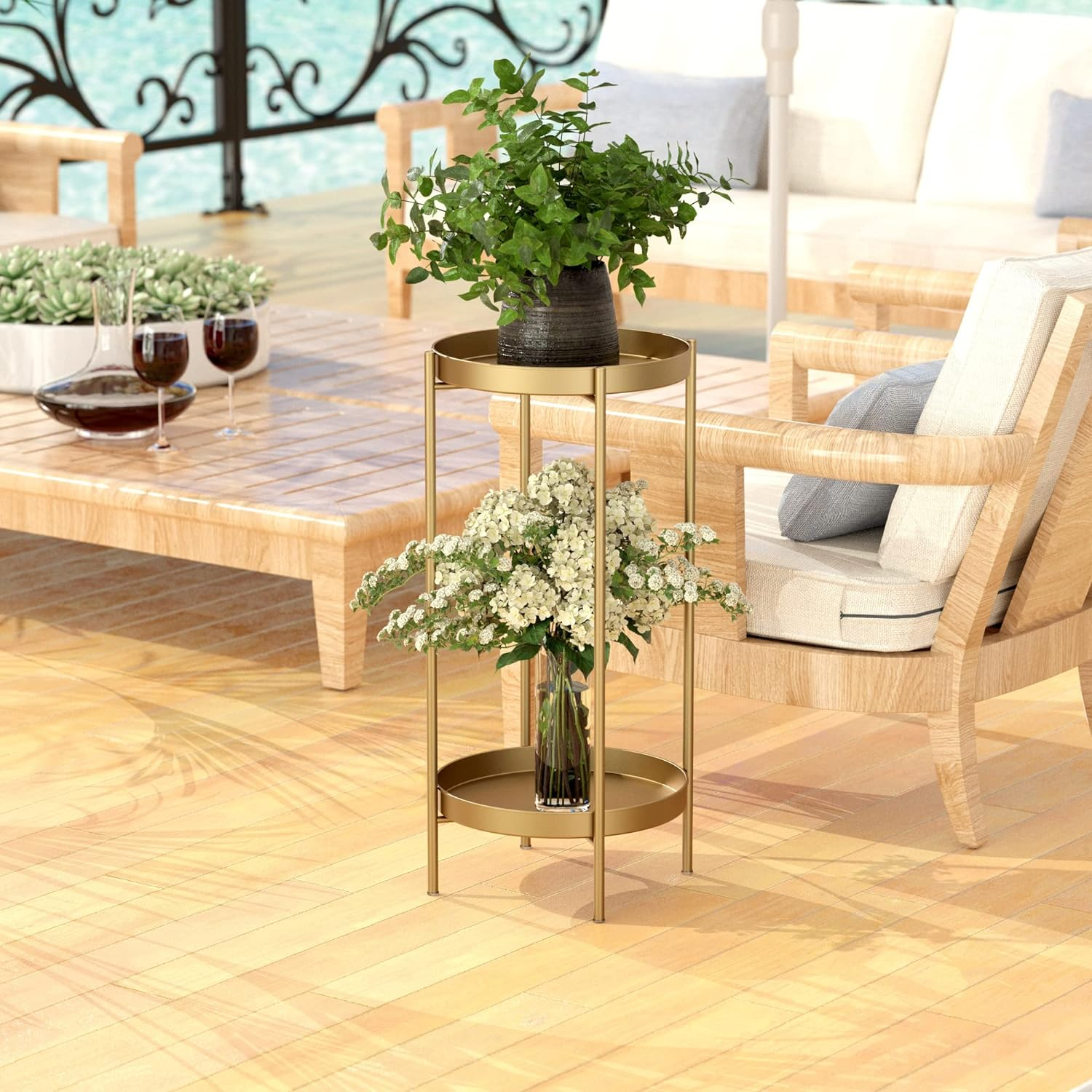 Gold 2-Tier Metal Plant Stand with Round Trays