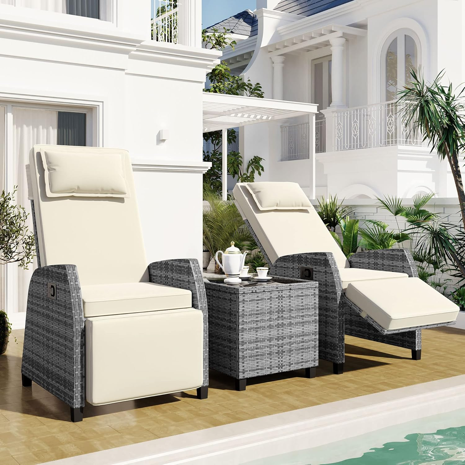 Outdoor Recliner Chairs Set of 2, 3 Piece Rattan Sofa Set, Patio Rocking Chairs Set with Adjustable Footrest, Outdoor Rattan Reclining Chairs with Table & Pillow for Backyard, Porch (Beige)