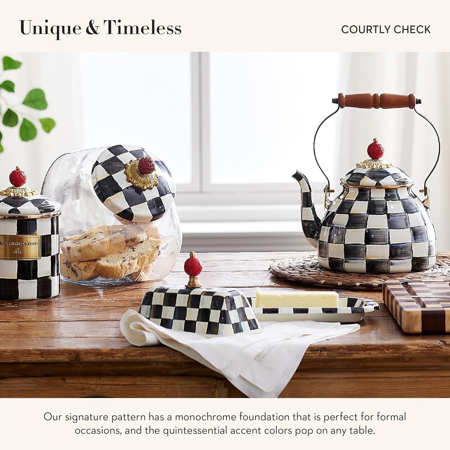 Black and White Checkered Enamel Butter Dish with Red Knob