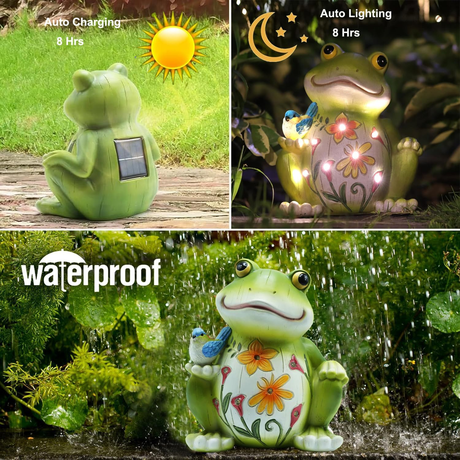 Green Resin Solar Frog Garden Statue with Bird