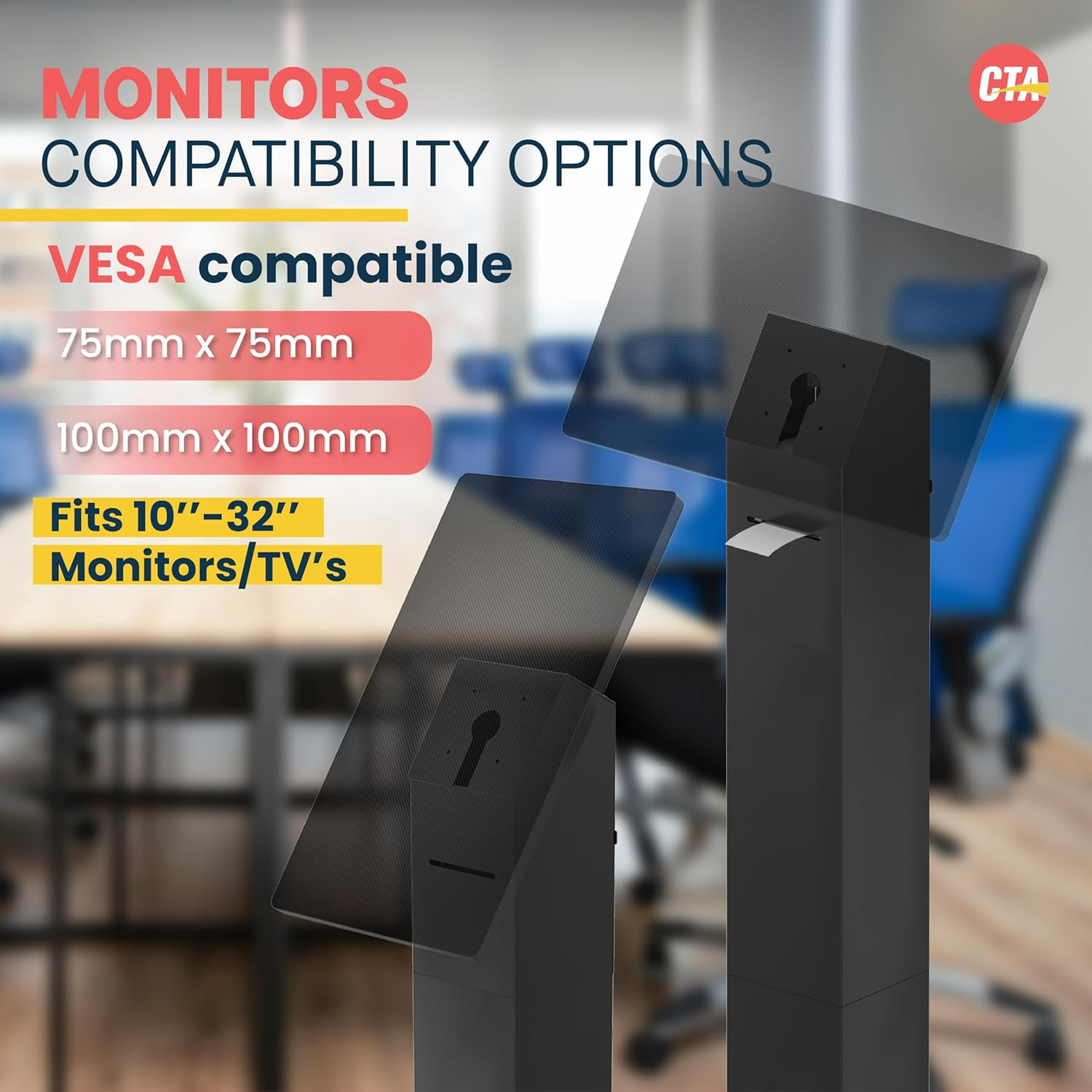 CTA Digital Kiosk with Printer Shelf VESA Compatible Floor Stand Kiosk with Enclosed Printer Storage & Cable Management for Retail POS - Ordering Screens & More - Black (PAD-PARAFP)