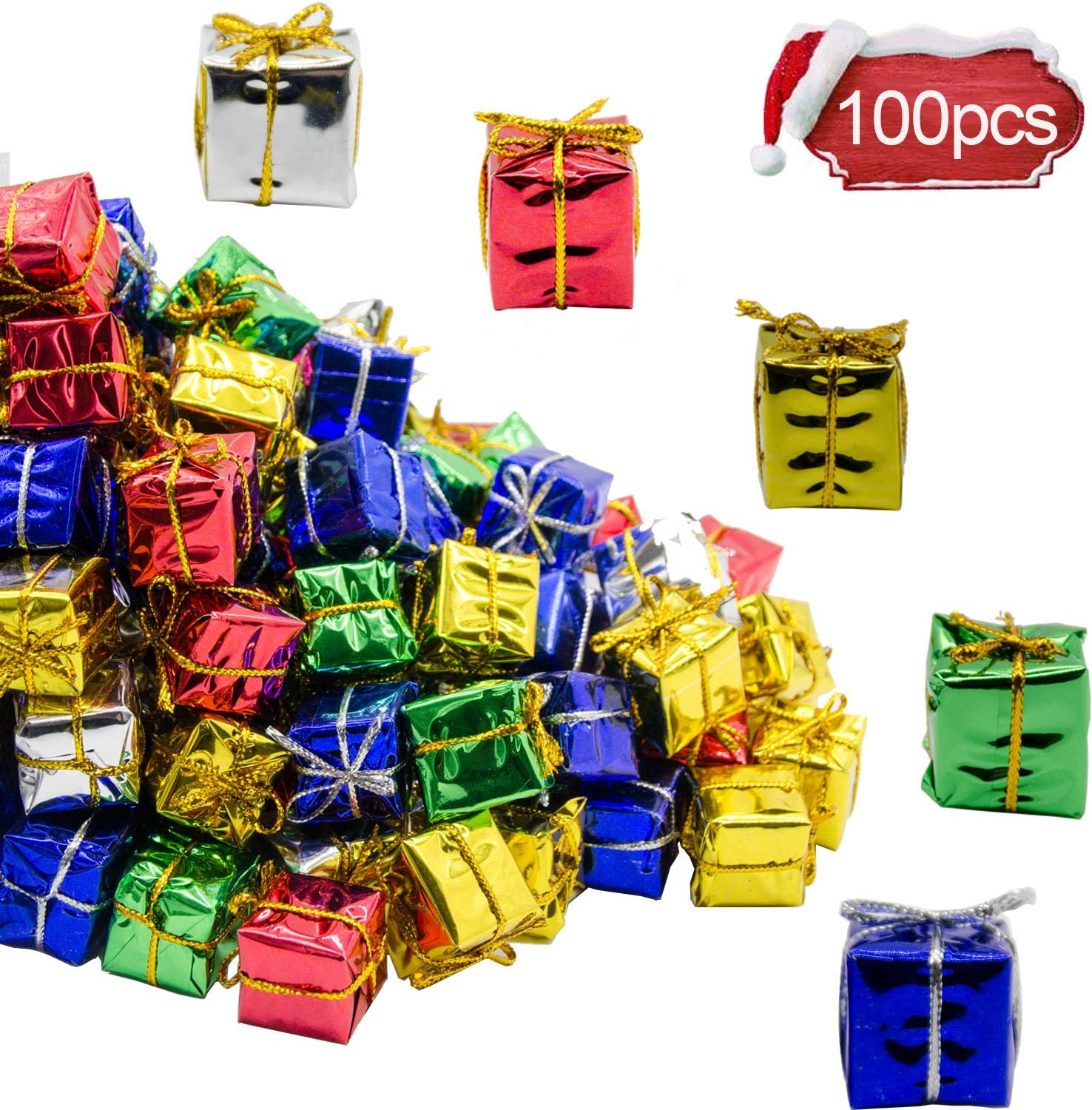100 Pcs Christmas Shiny Mini Boxes Ornaments- Assorted Colors Metallic Foil Wrapped Ornaments Decoration Boxes for Christmas Tree Hanging Decorations
