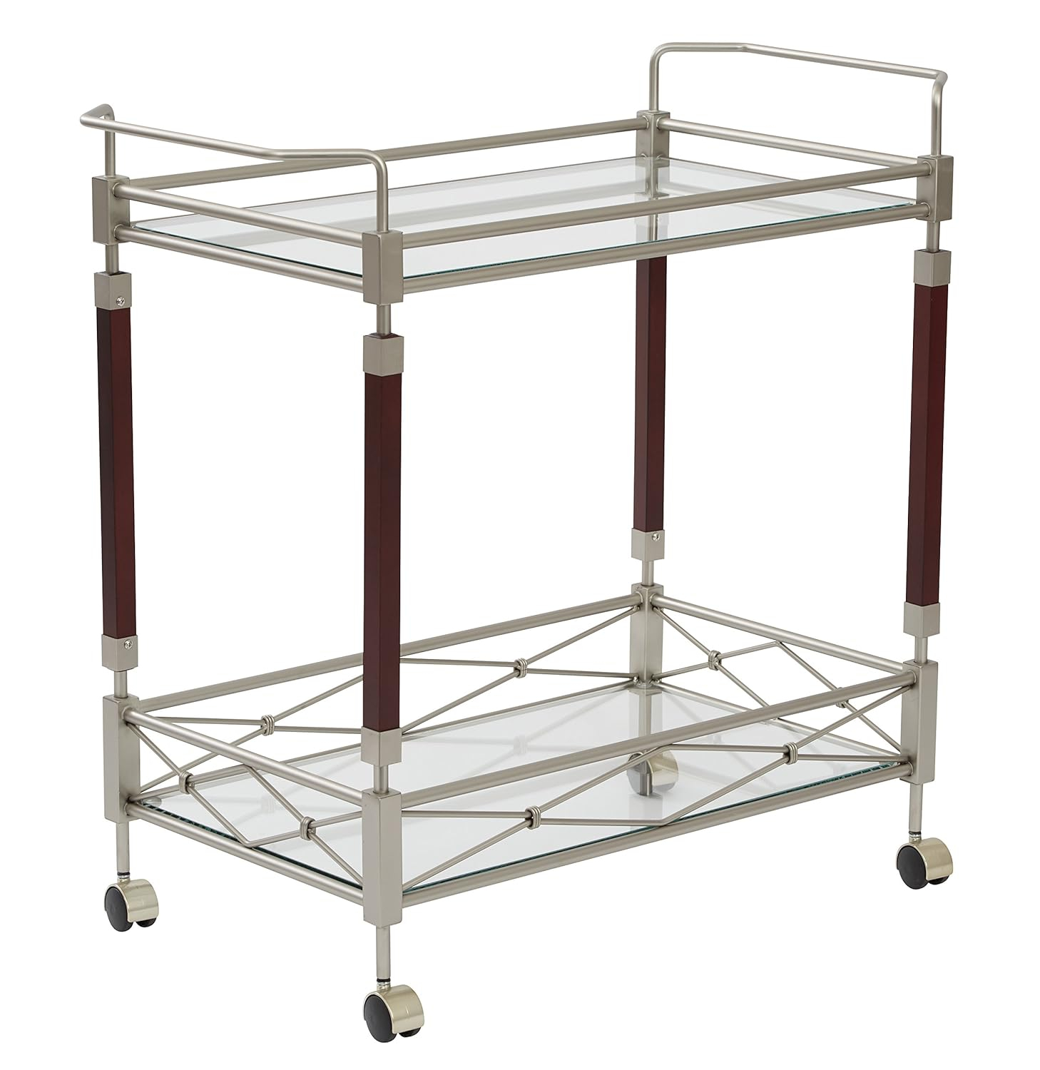 Melrose Serving Cart with Clear Tempered Glass and Nickel Brush Metal Frame