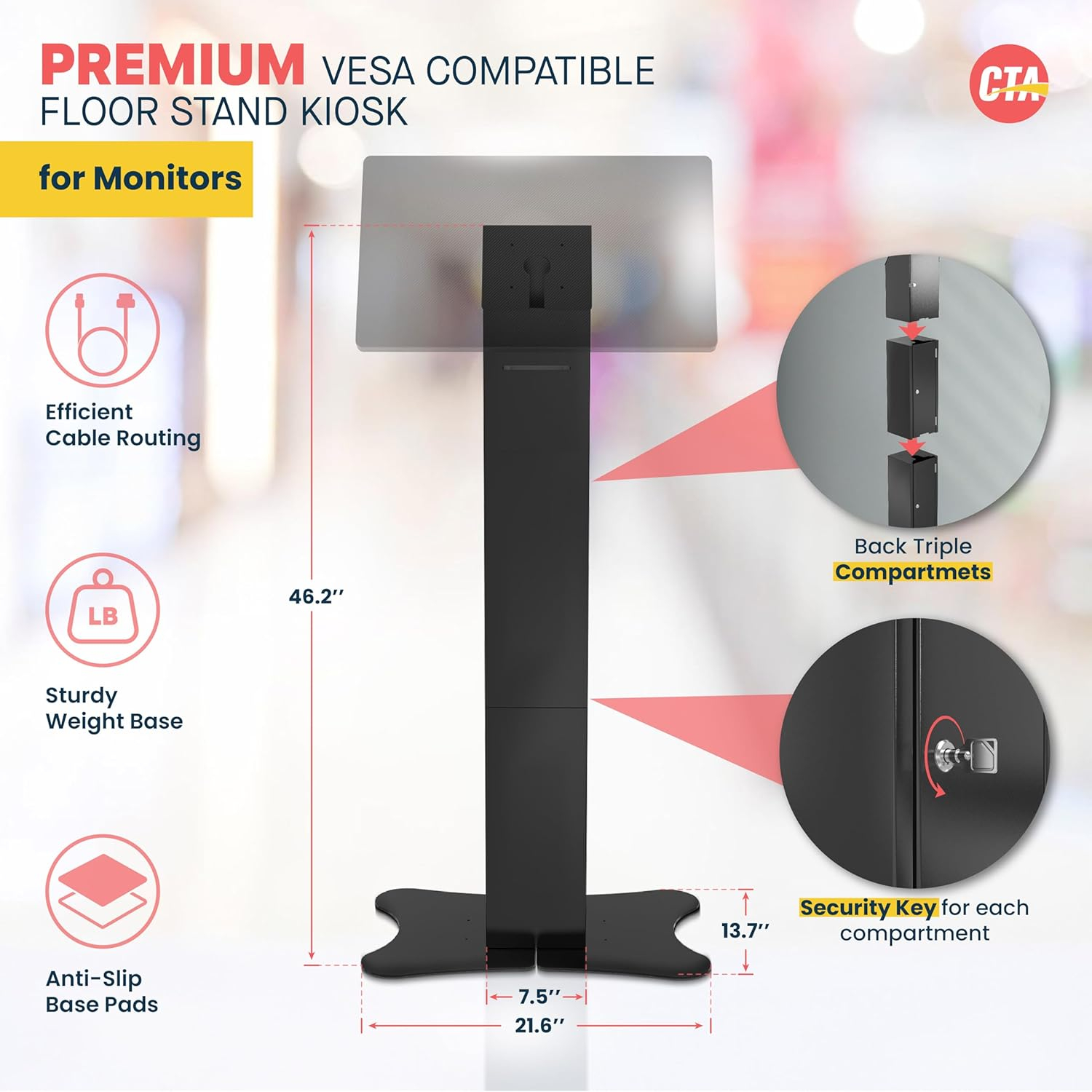 CTA Digital Kiosk with Printer Shelf VESA Compatible Floor Stand Kiosk with Enclosed Printer Storage & Cable Management for Retail POS - Ordering Screens & More - Black (PAD-PARAFP)