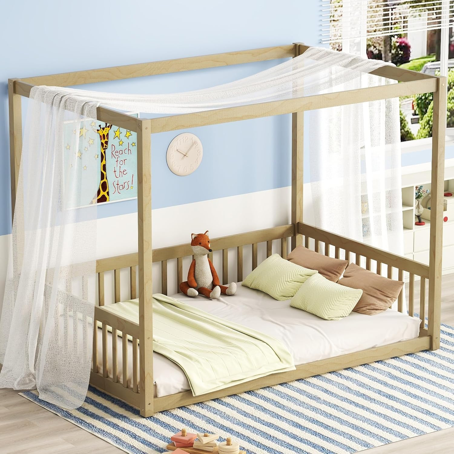 Canopy Frame Twin Size Floor Bed for Kids Bedroom,Wood Bed Frame with Fence for Boys/Girls/Teens,No Box Spring Needed,Natural