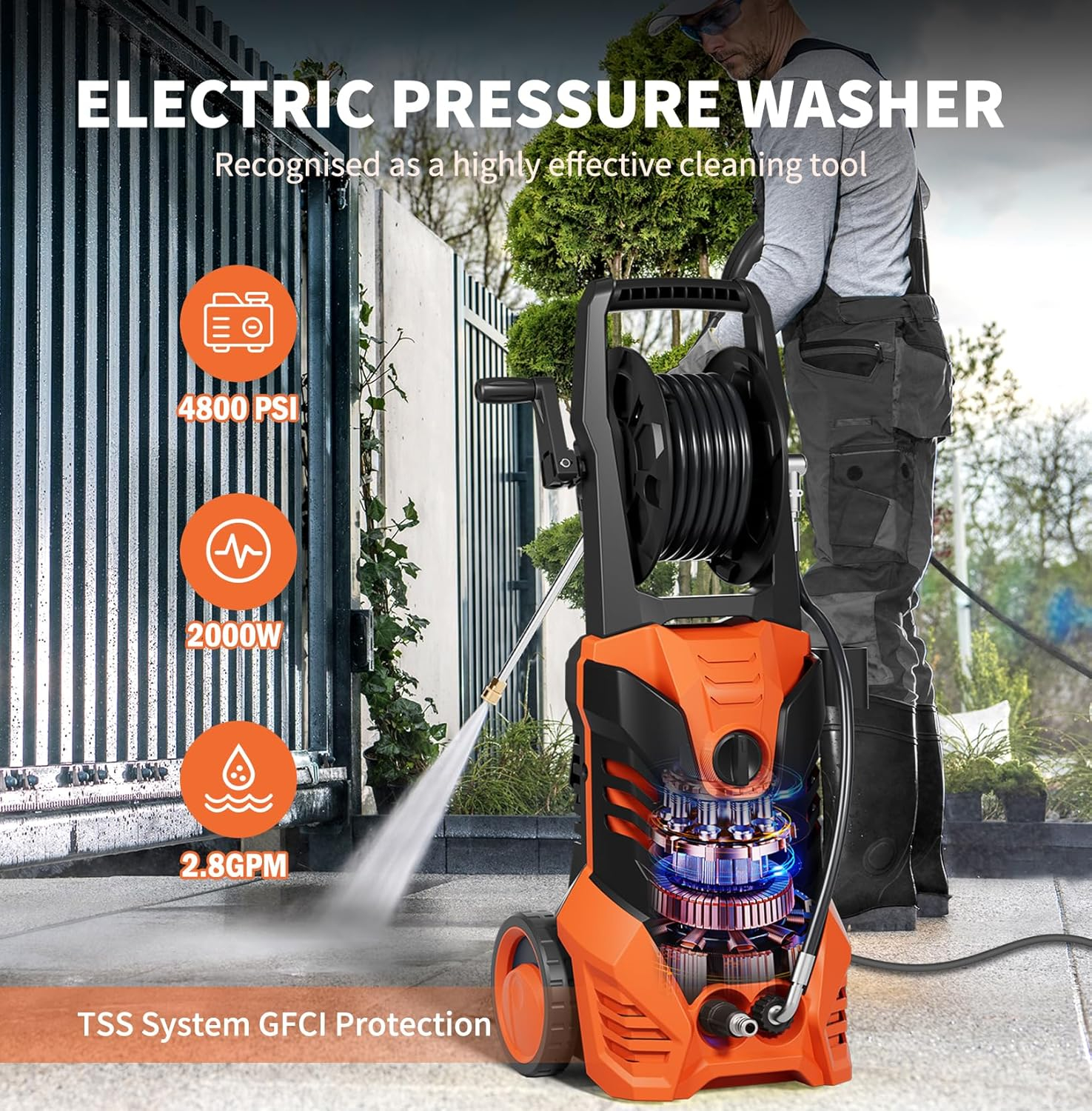 2200W 2.0 GPM Electric Pressure Washer with 5 Nozzles Orange